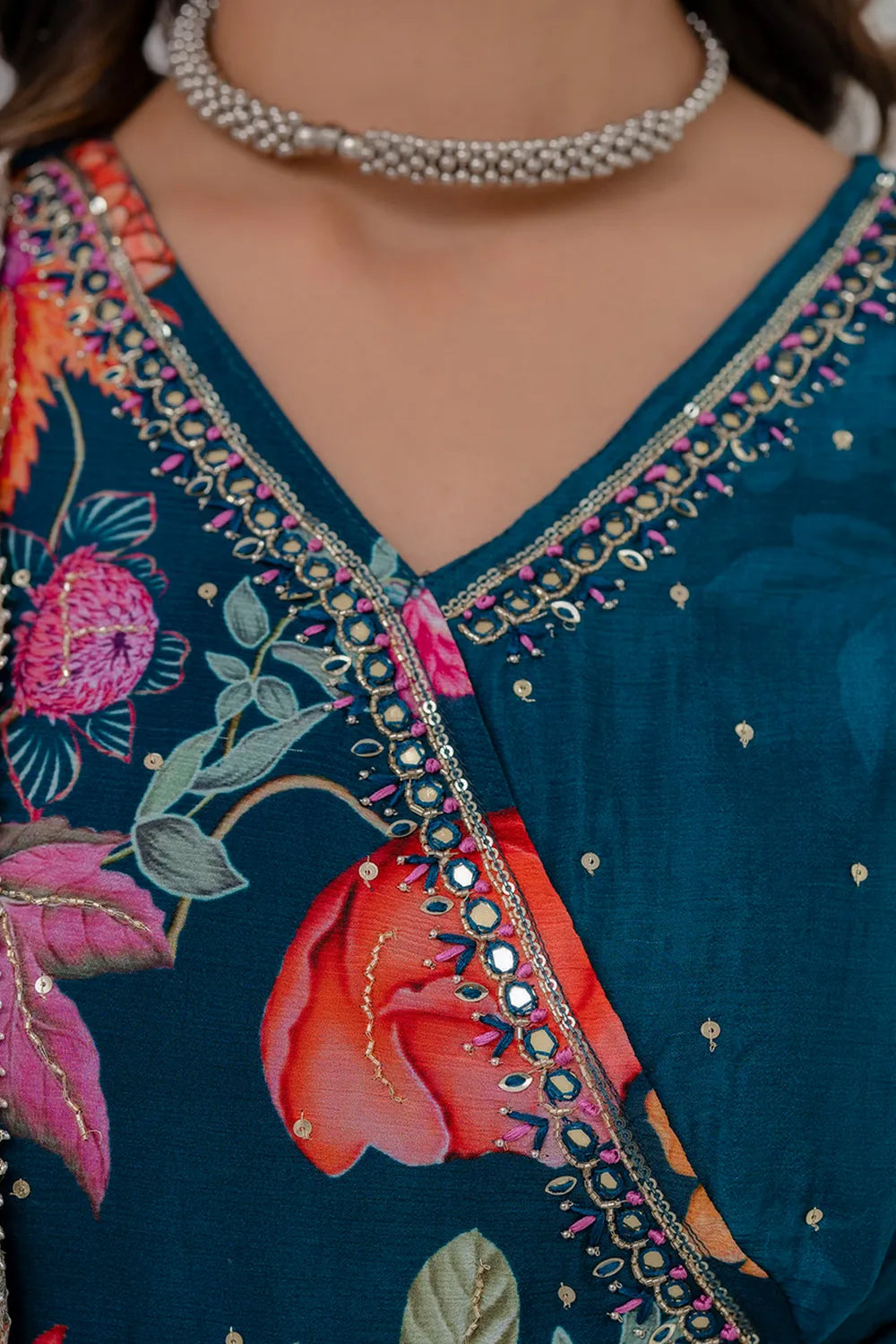 Teal Blue Chinon Frock Kurti 3 Pieces Set