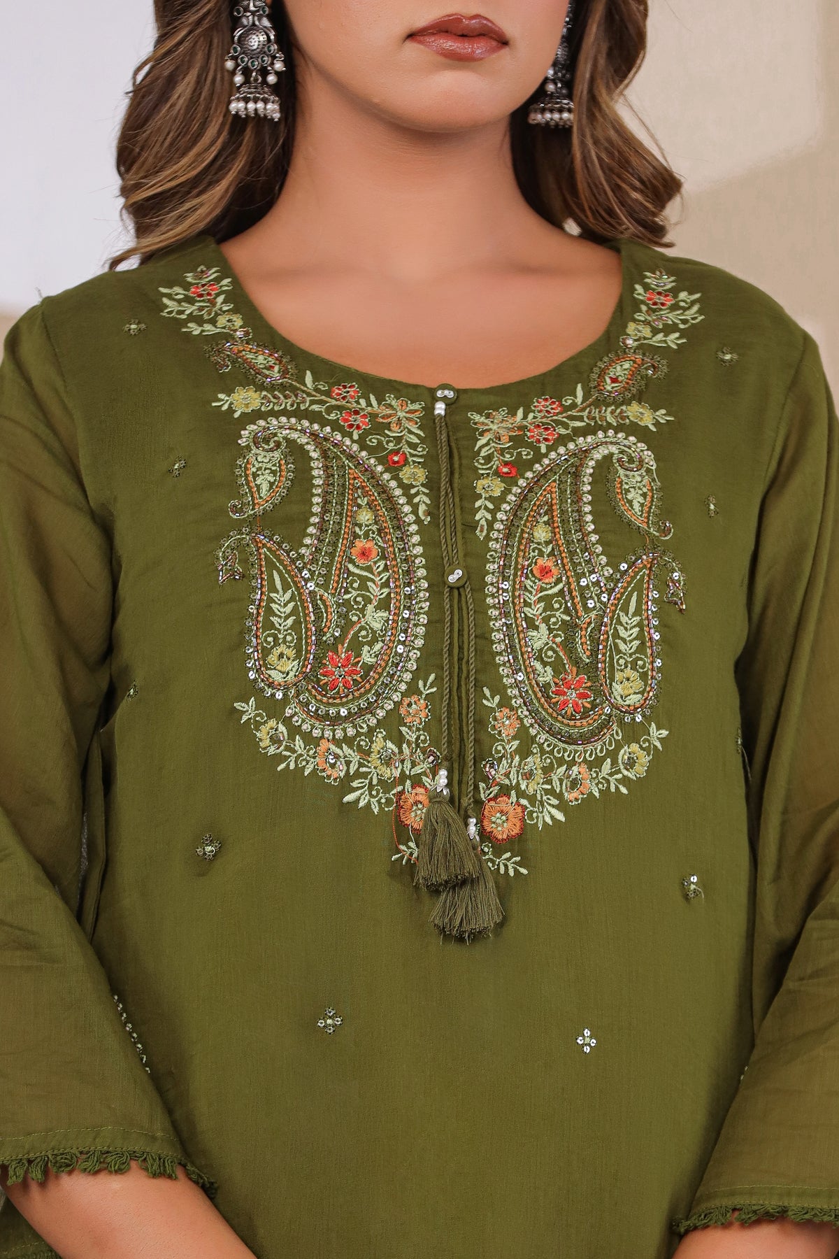 Dark Mehandi Fabric Mall Cotton Kurti Plazo Dupatta 3Pcs Set