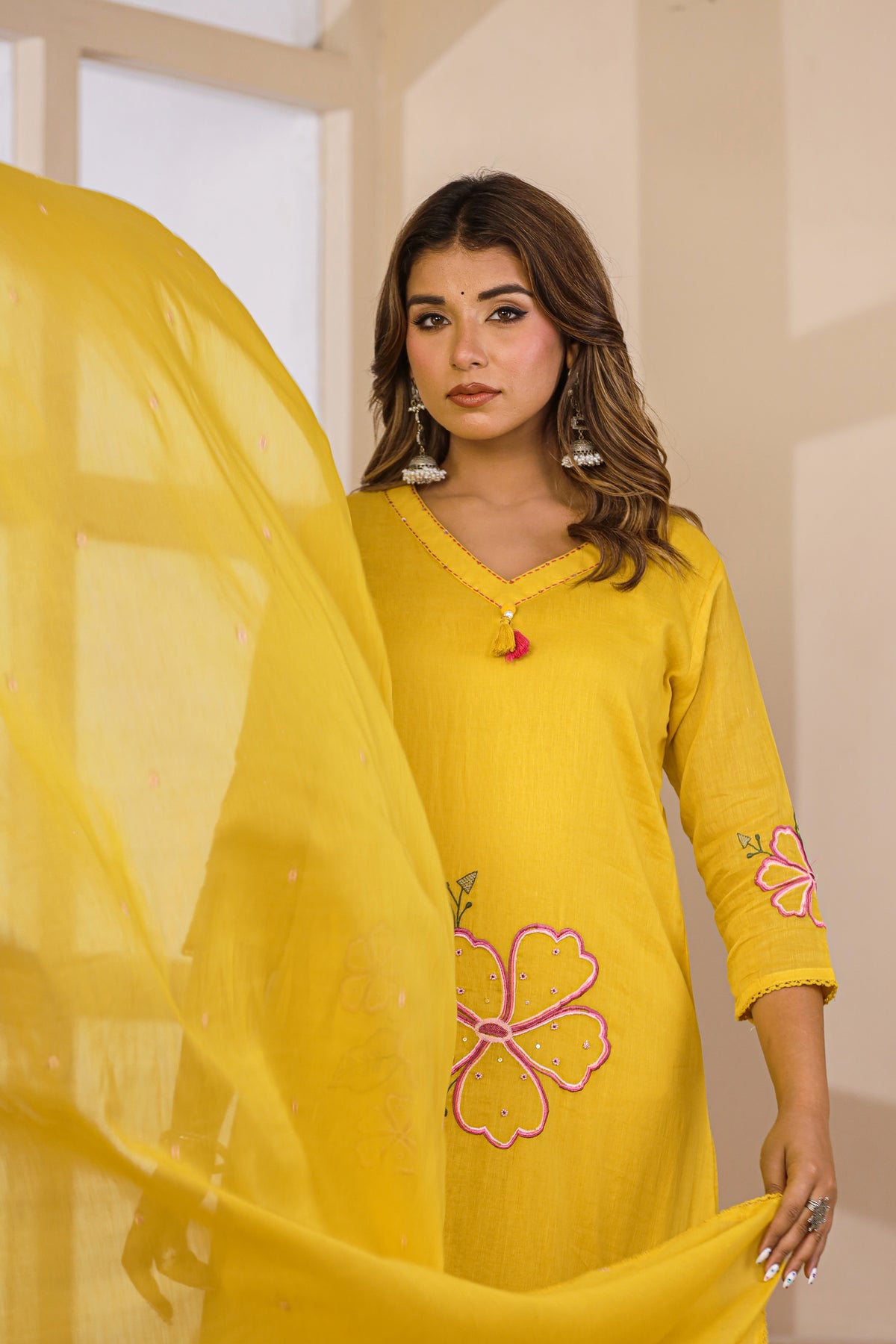 Mustard Fabric Mall Cotton Kurti Pant Dupatta 3Pcs Set