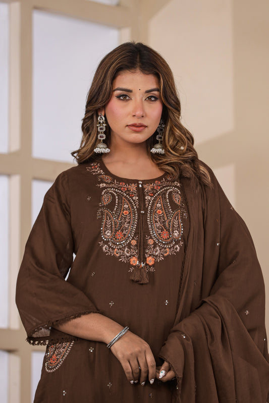 Brown Fabric Mall Cotton Kurti Plazo Dupatta 3Pcs Set