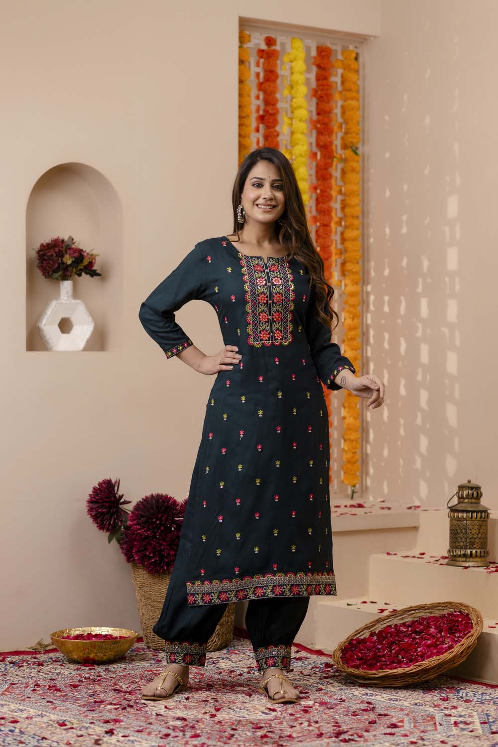 Kaira Bottle Green Partyqueen Afghani Kurti Dupatta Set