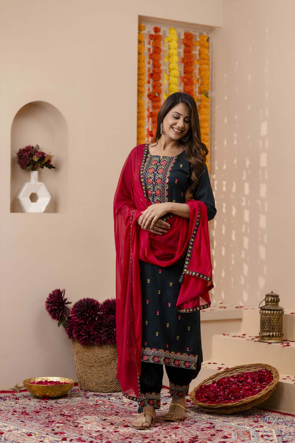 Kaira Bottle Green Partyqueen Afghani Kurti Dupatta Set