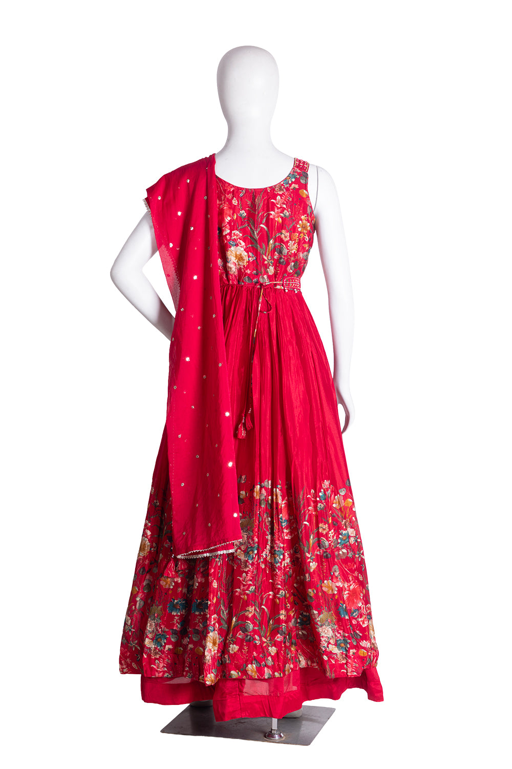 Reddish Pink Chinon Skirt Kurti 3 Pieces Set