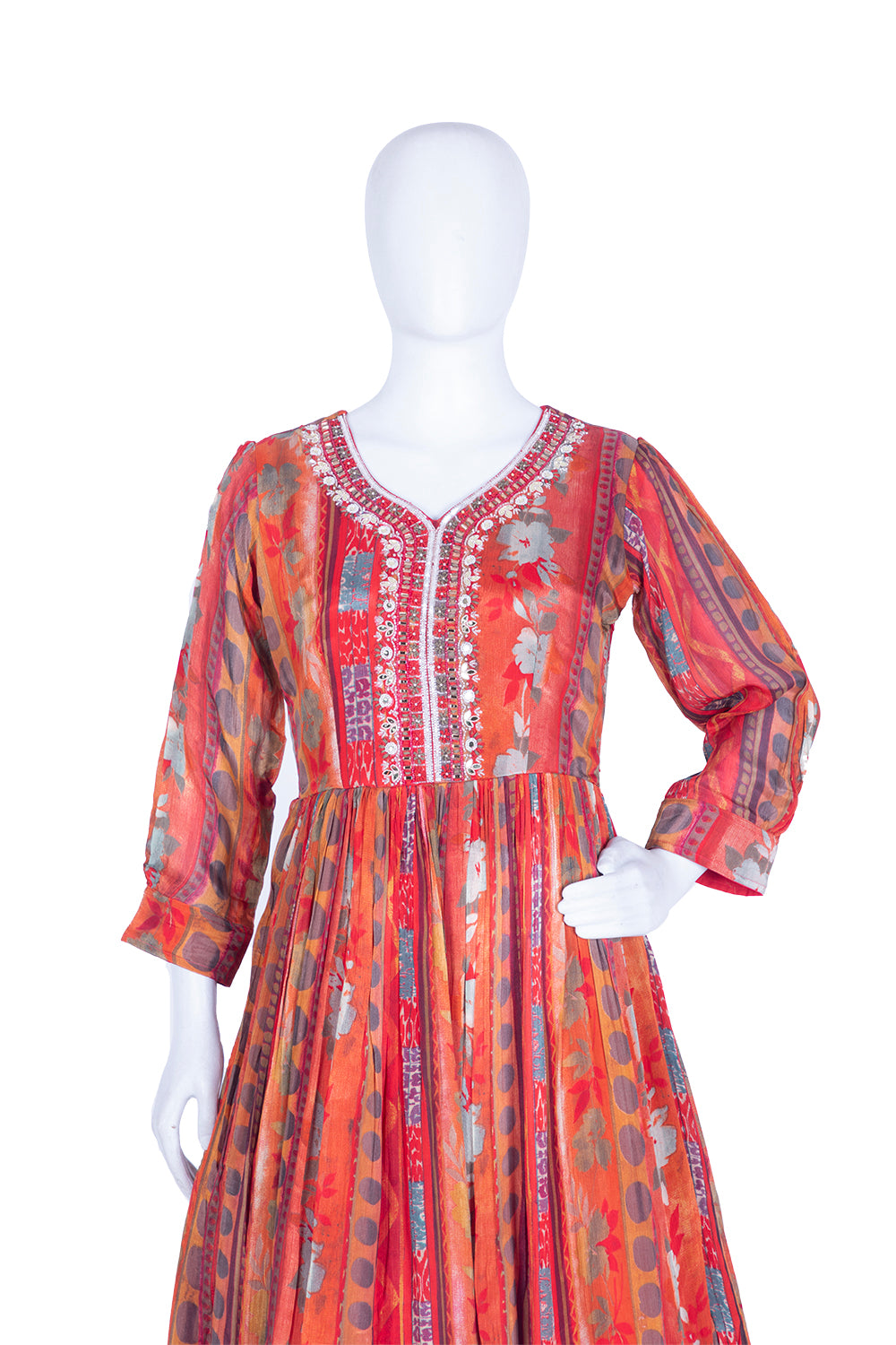 Red Chinon Long Frock Kurti Set