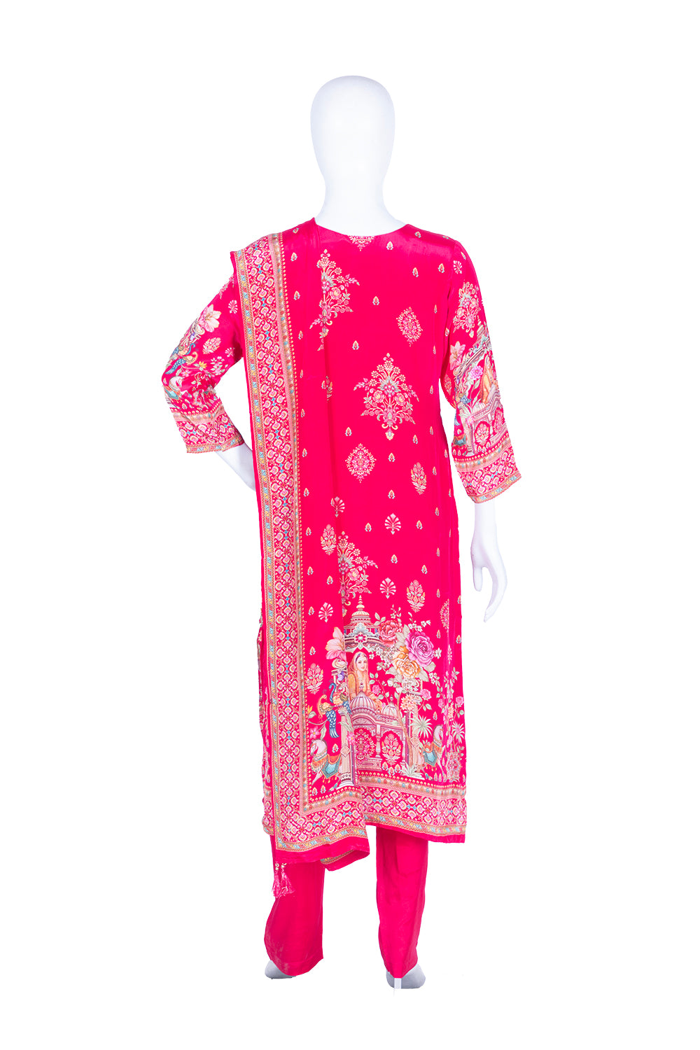 Rani Pink Crepe Kurti Pant 3 Pieces Set