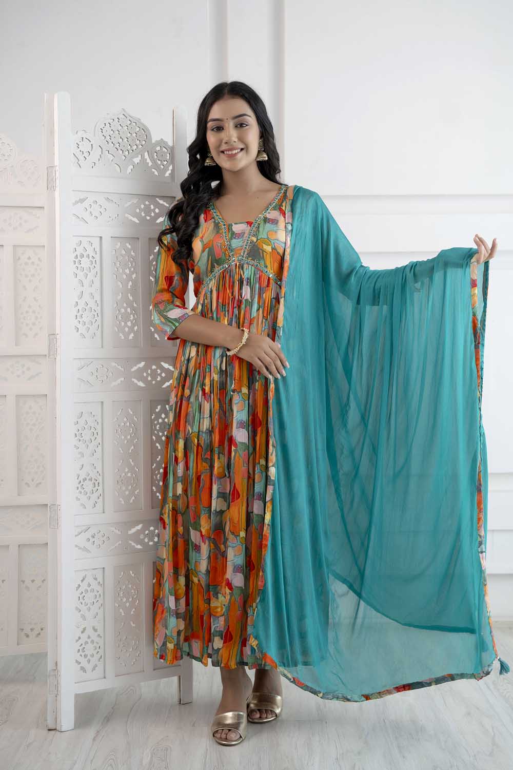ORANGE ALIYA CUT KURTI DUPATTA SET