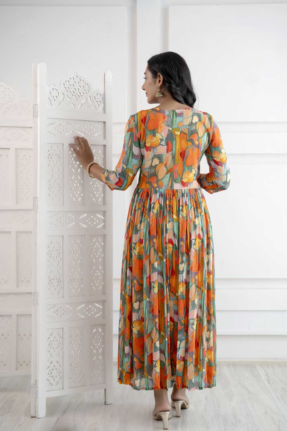 ORANGE ALIYA CUT KURTI DUPATTA SET