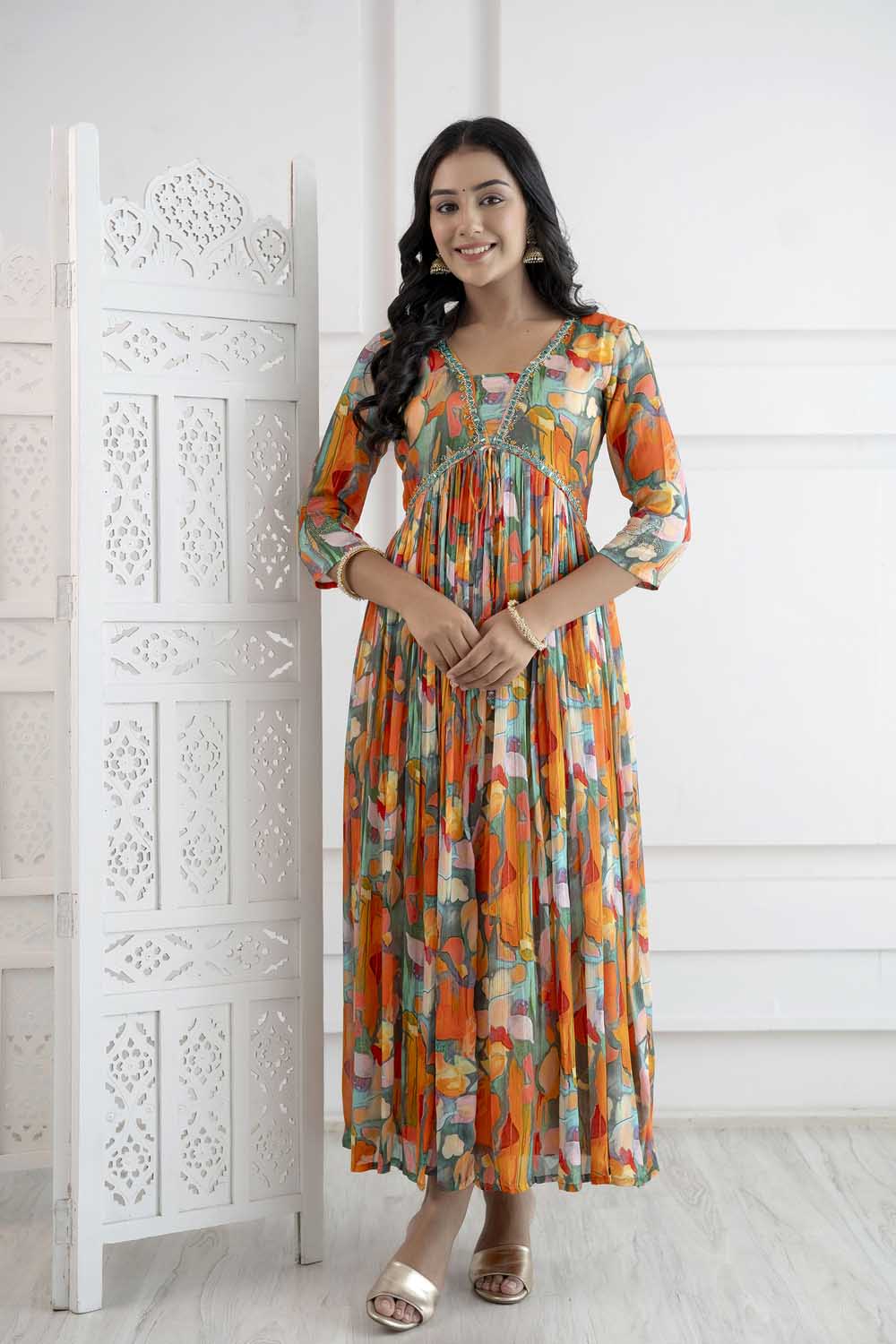 ORANGE ALIYA CUT KURTI DUPATTA SET