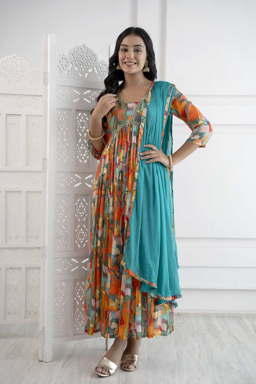 ORANGE ALIYA CUT KURTI DUPATTA SET