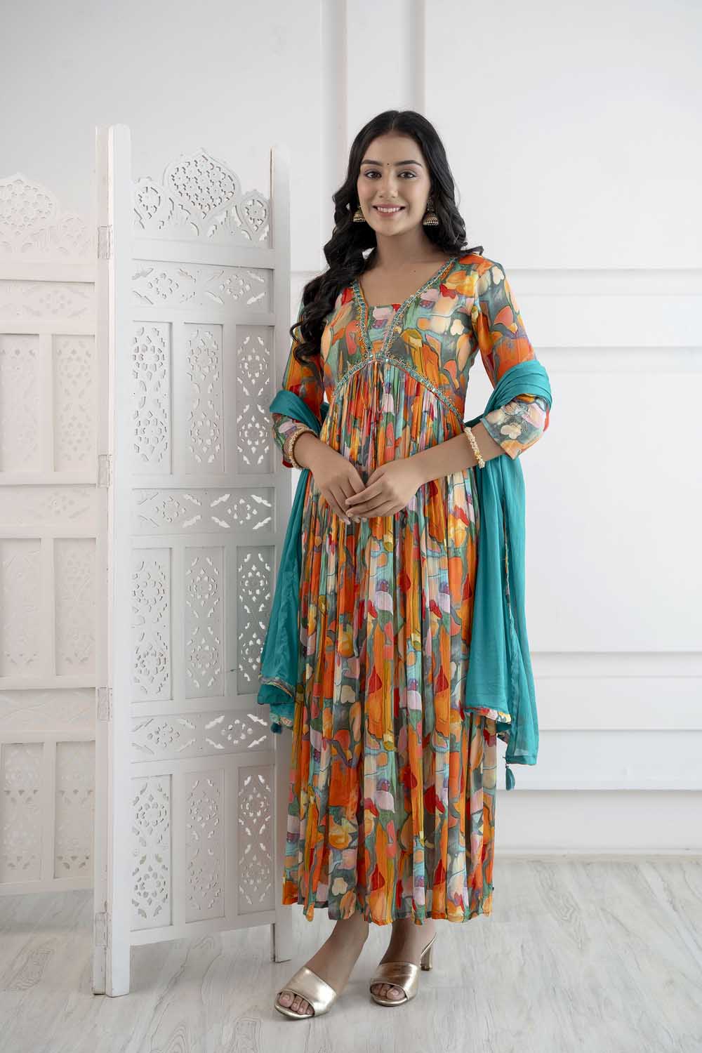 ORANGE ALIYA CUT KURTI DUPATTA SET