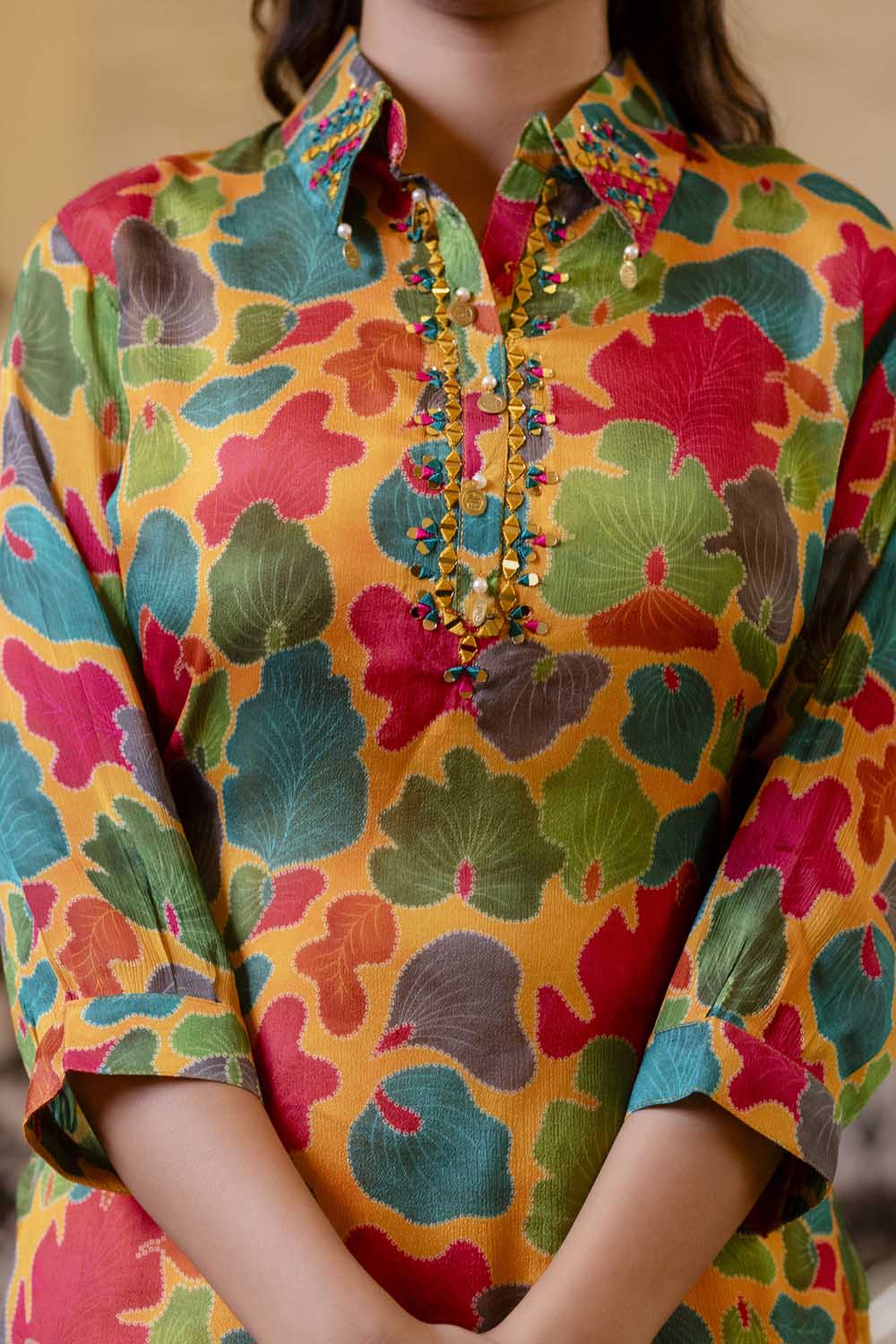 MUSTERD EMBELLISHED KURTI AFGHANI SALWAR SET