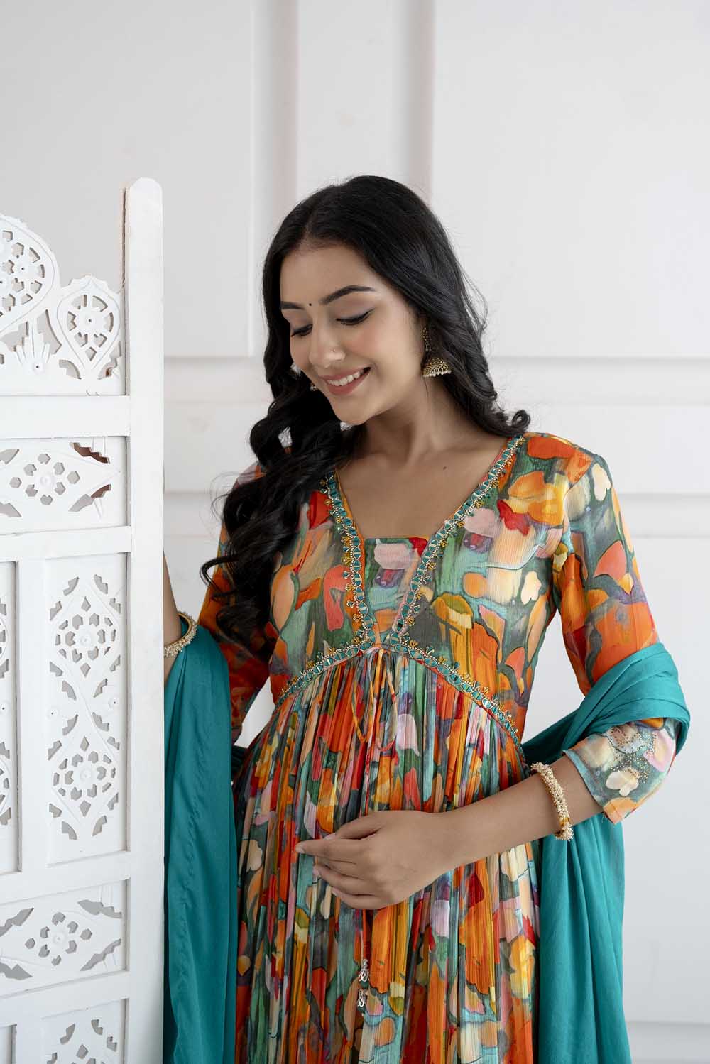 ORANGE ALIYA CUT KURTI DUPATTA SET