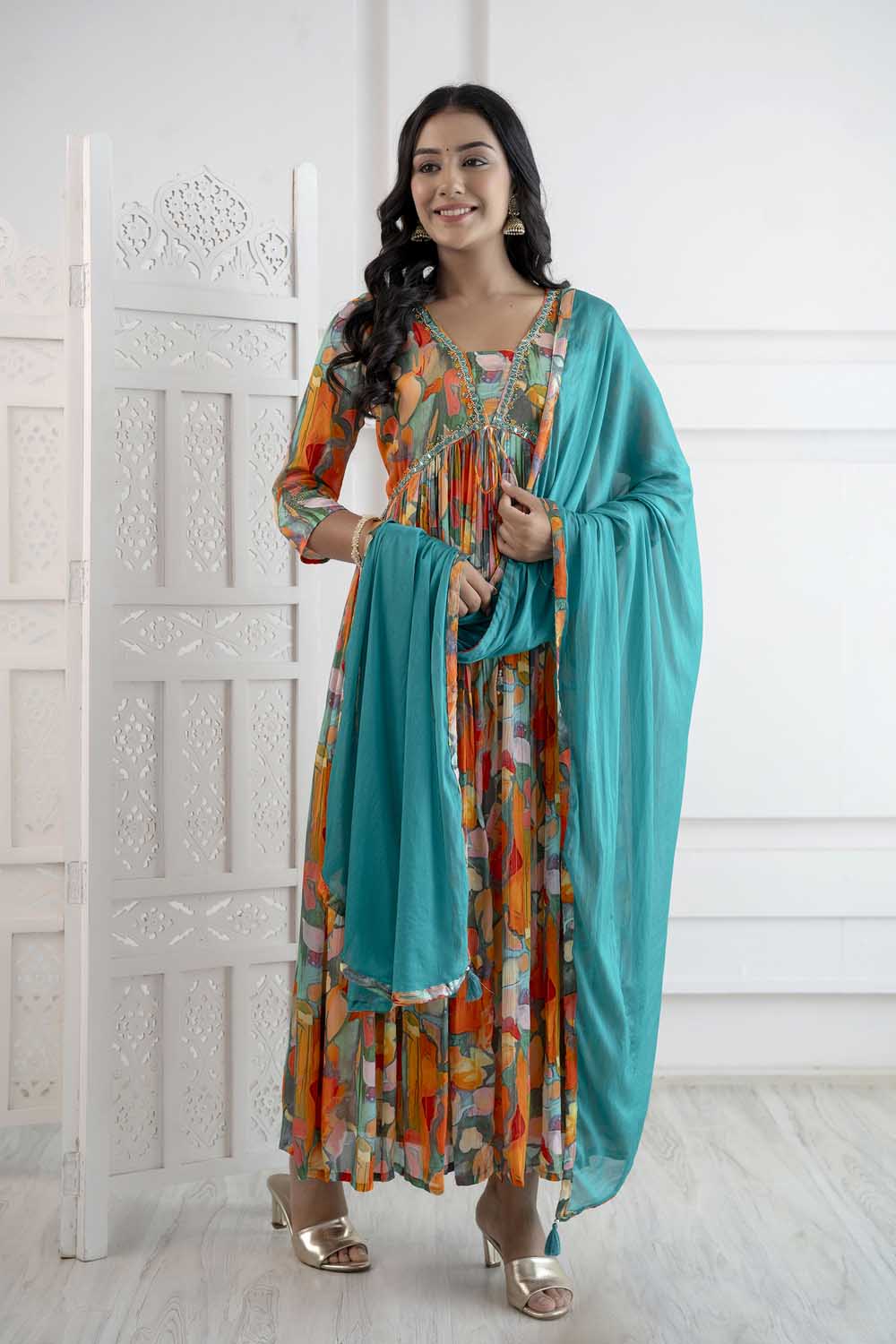 ORANGE ALIYA CUT KURTI DUPATTA SET