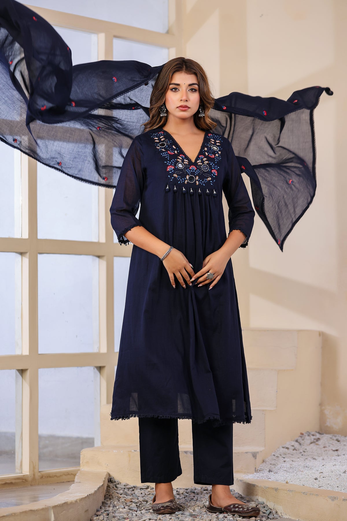 Navy blue Fabric Mall Cotton Kurti Pant Dupatta 3Pcs Set