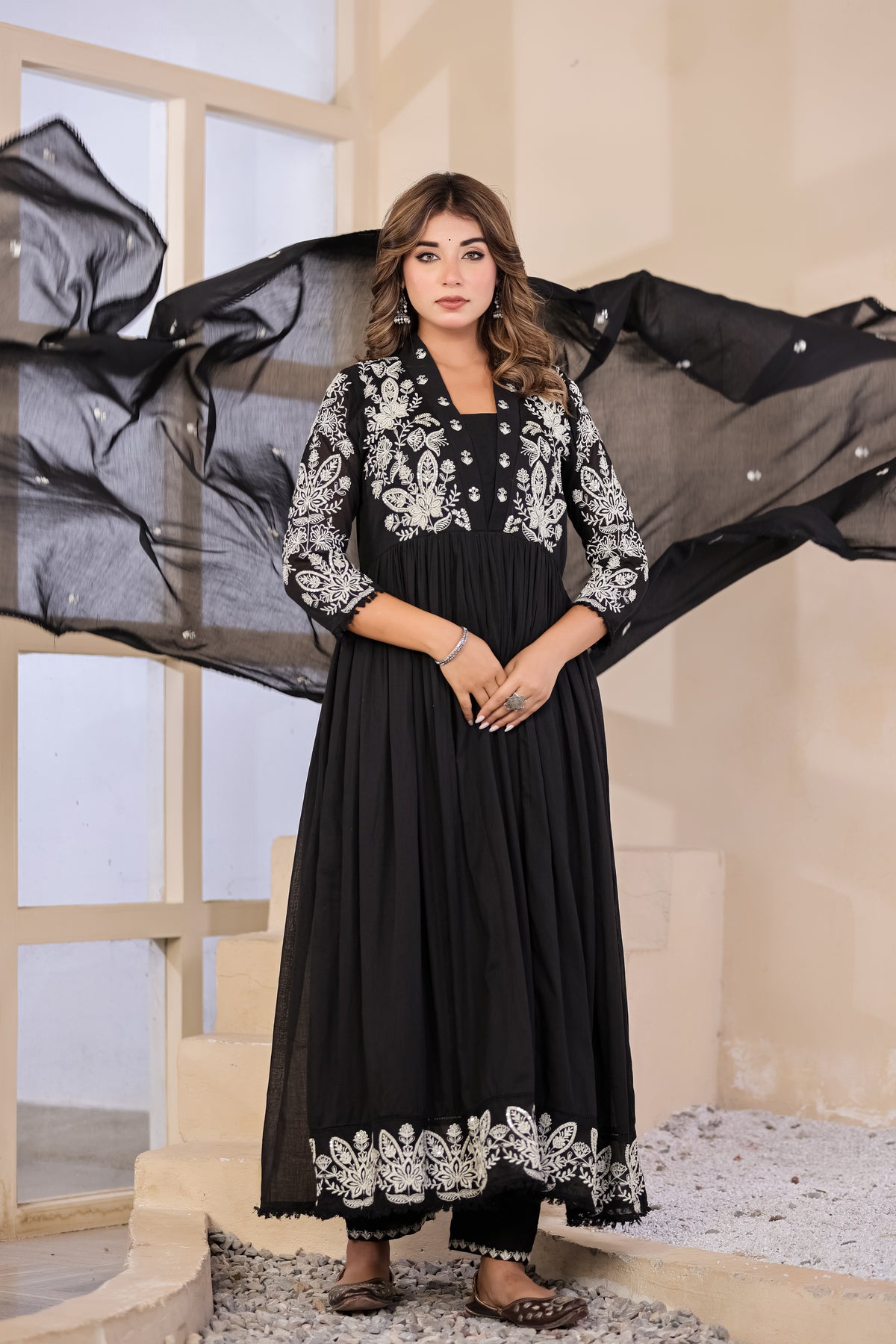 Black Fabric Mall Cotton Kurti Pant Dupatta 3Pcs Set