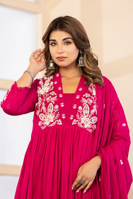 M Pink Fabric Mall Cotton Kurti Pant Dupatta 3Pcs Set