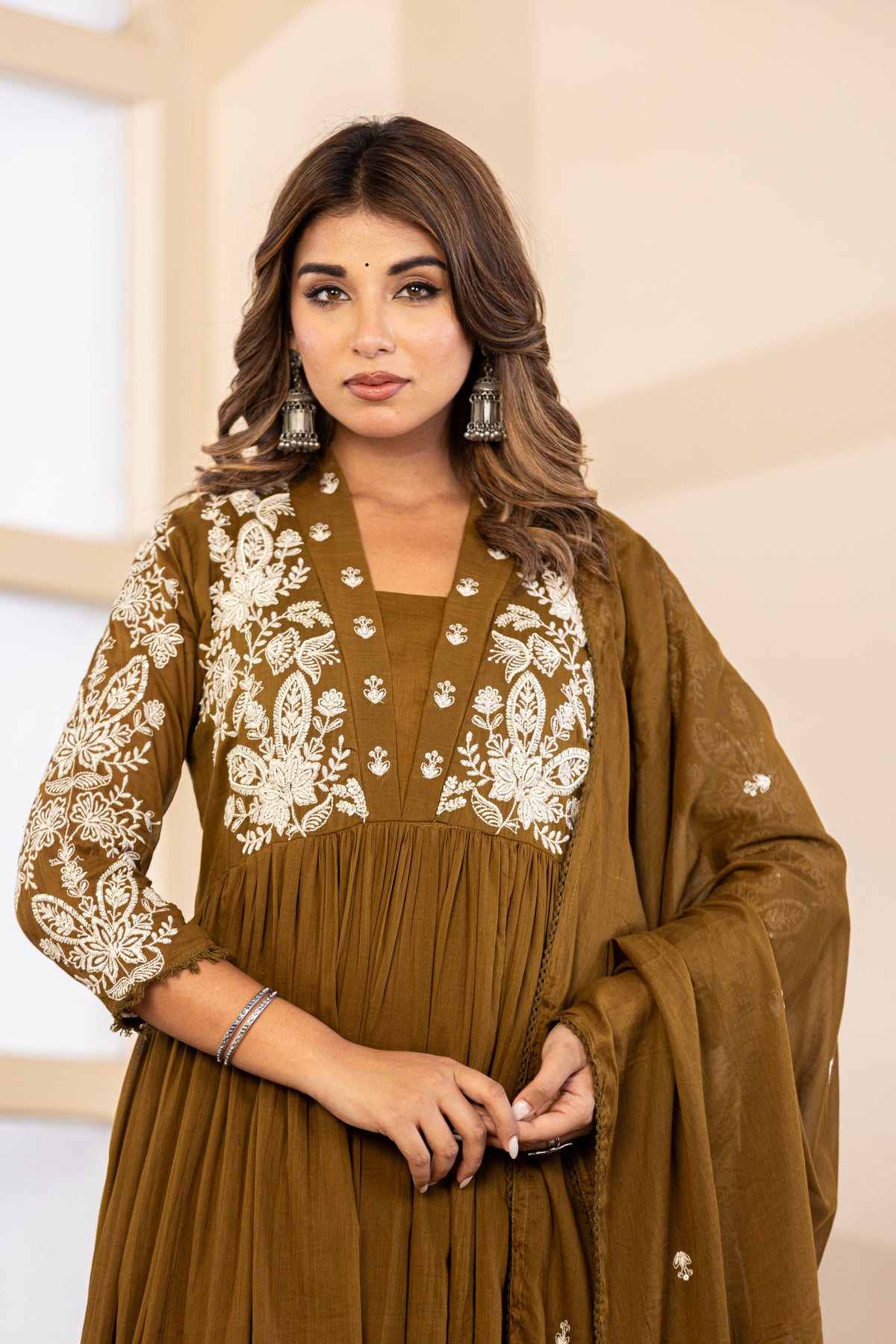 Mehandi Fabric Mall Cotton Kurti Pant Dupatta 3Pcs Set