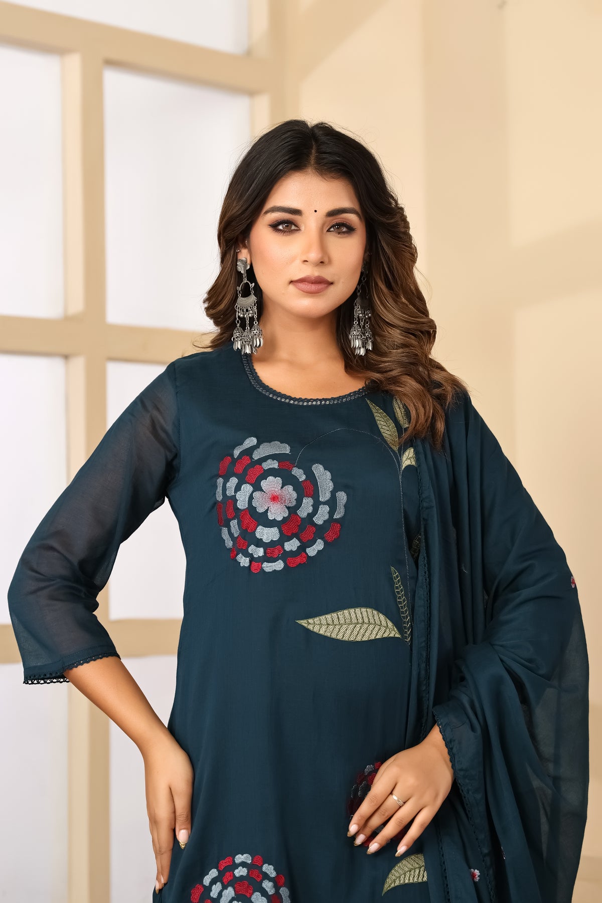 Till Blue Fabric Mall Cotton Kurti Pant Dupatta 3Pcs Set