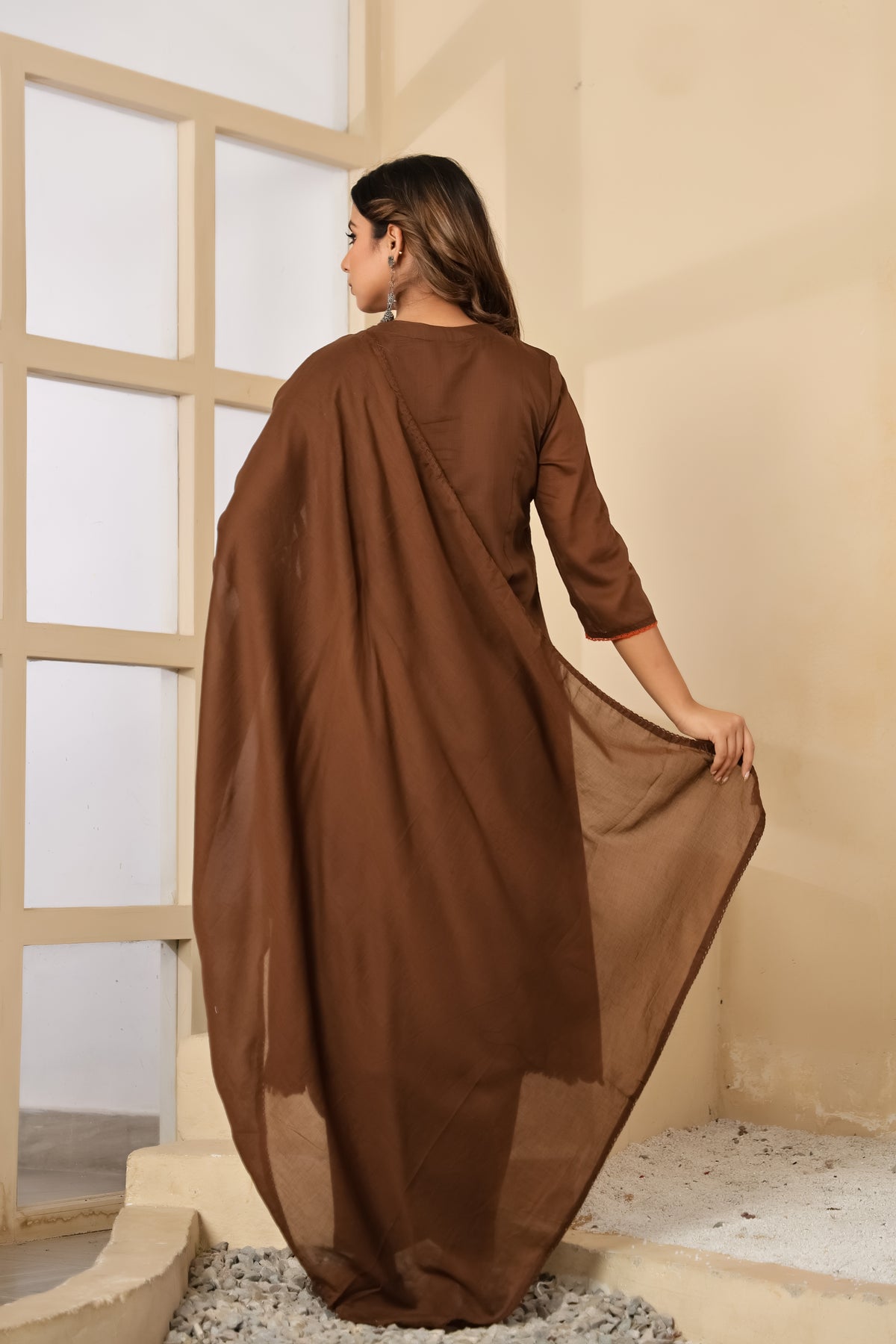 Brown Fabric Mall Cotton Kurti Pant Dupatta 3Pcs Set