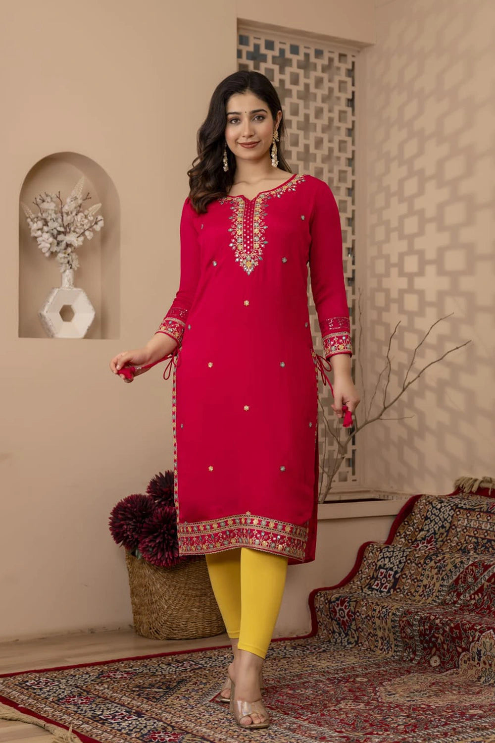 Pink Chinon Party Queen Straight Kurti