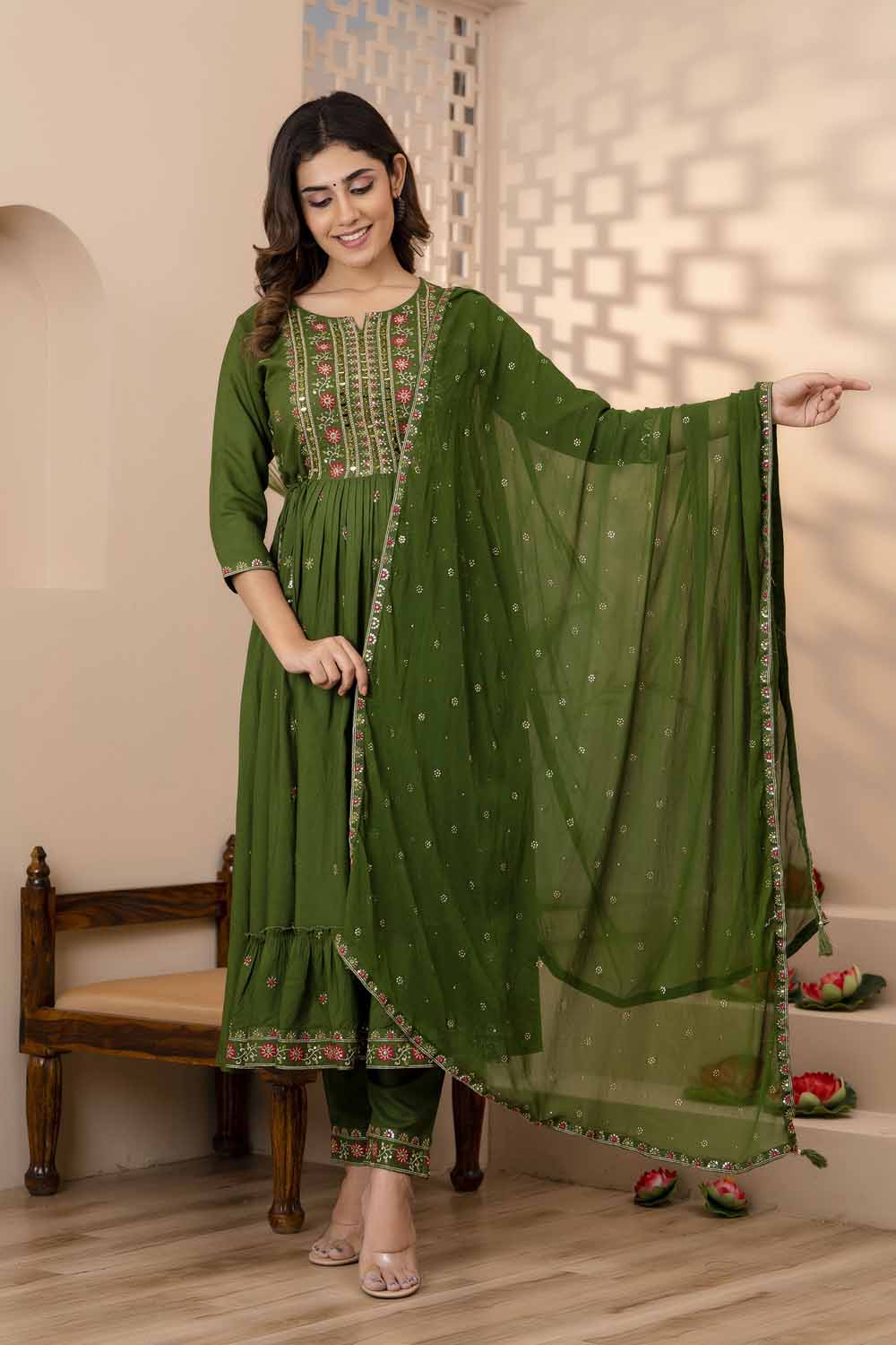 Mahendi Green PartyQueen Round Neck Naira Cut Kurti Pant Dupatta Set