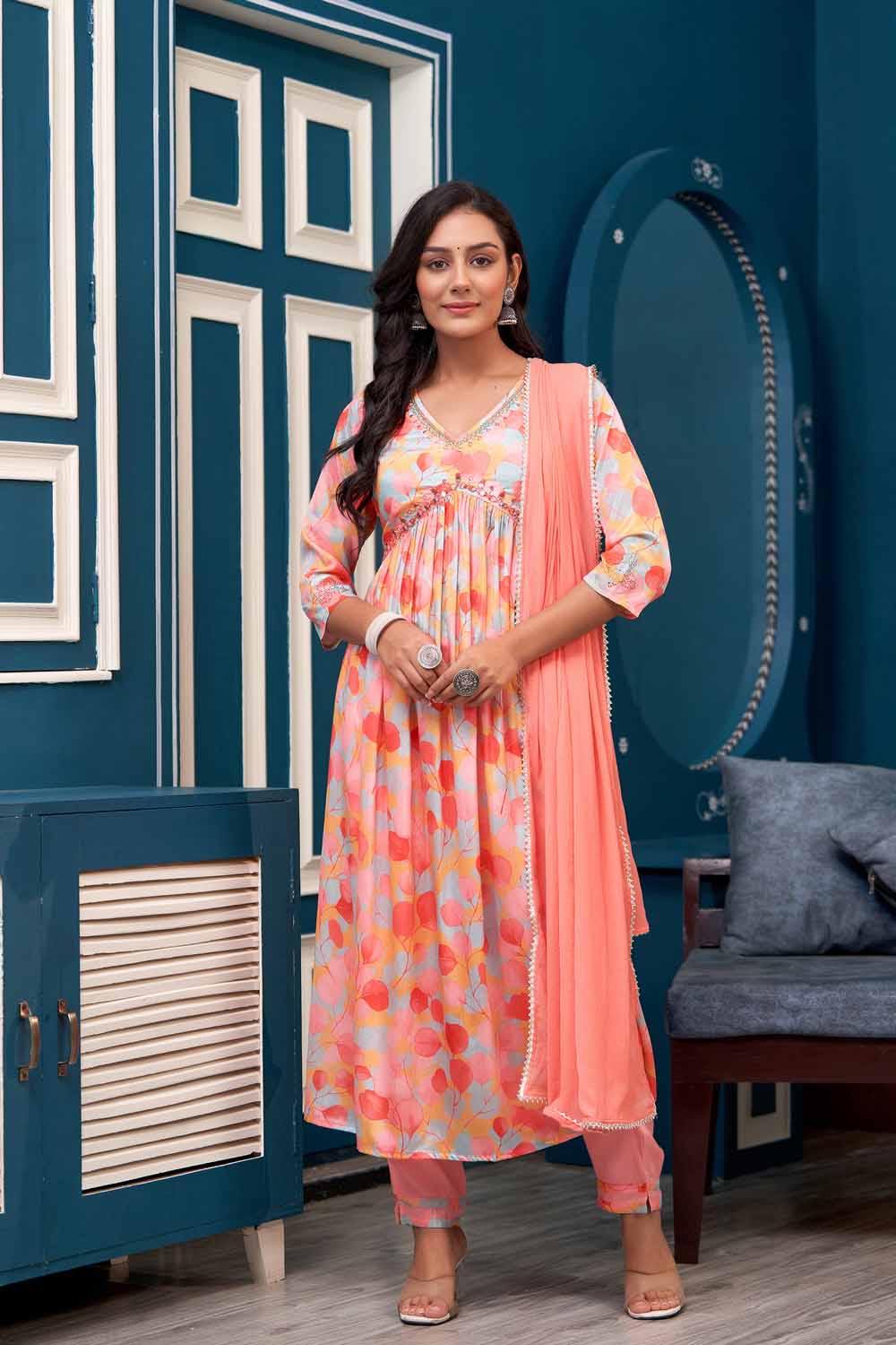 Peach PartyQueen v Neck Aliya Cut Kurti Pant Dupatta Set