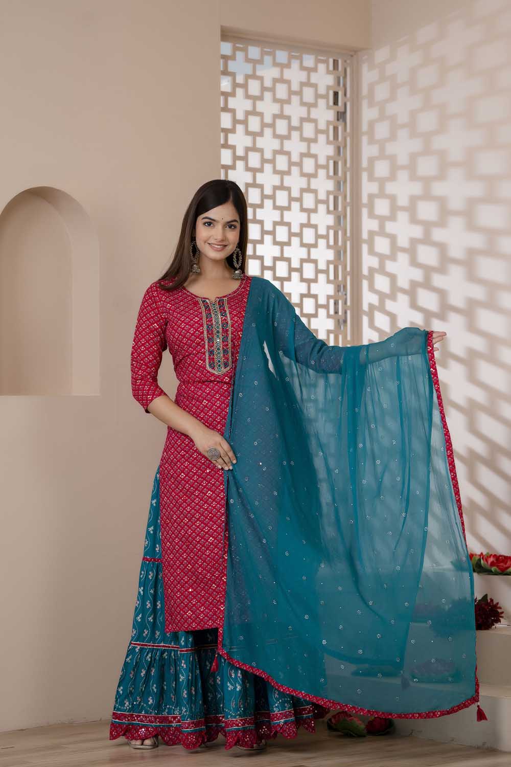 KAIRA REDDISH PINK RAYON PARTY QUEEN KURTI SKIRT DUPATTA SET