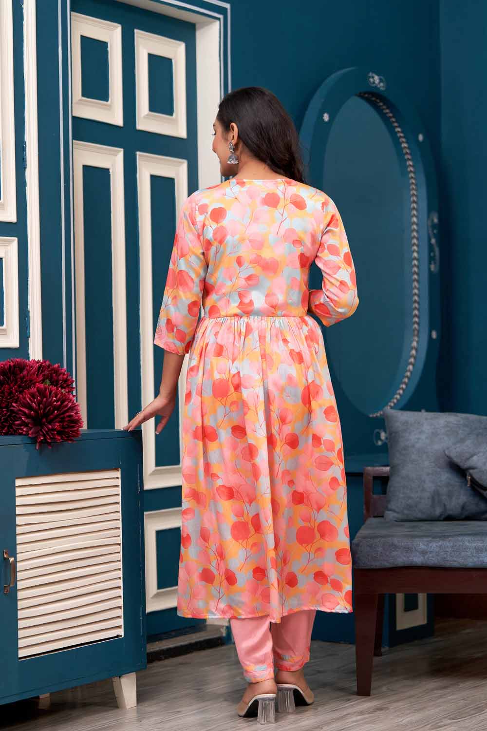Peach PartyQueen v Neck Aliya Cut Kurti Pant Dupatta Set