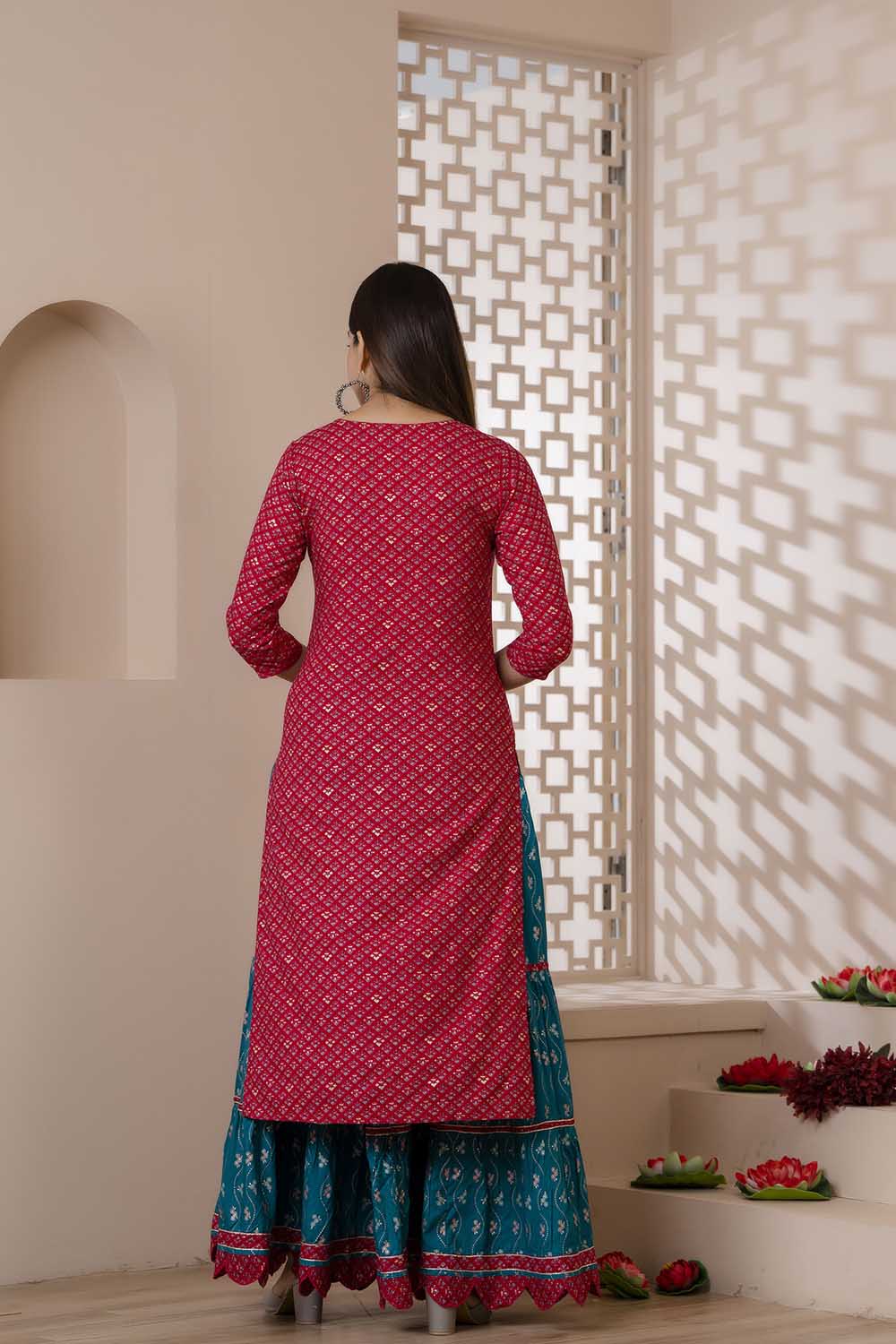 KAIRA REDDISH PINK RAYON PARTY QUEEN KURTI SKIRT DUPATTA SET