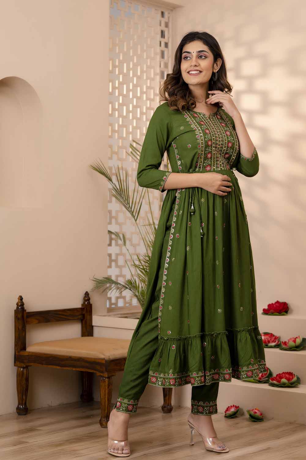 Mahendi Green PartyQueen Round Neck Naira Cut Kurti Pant Dupatta Set