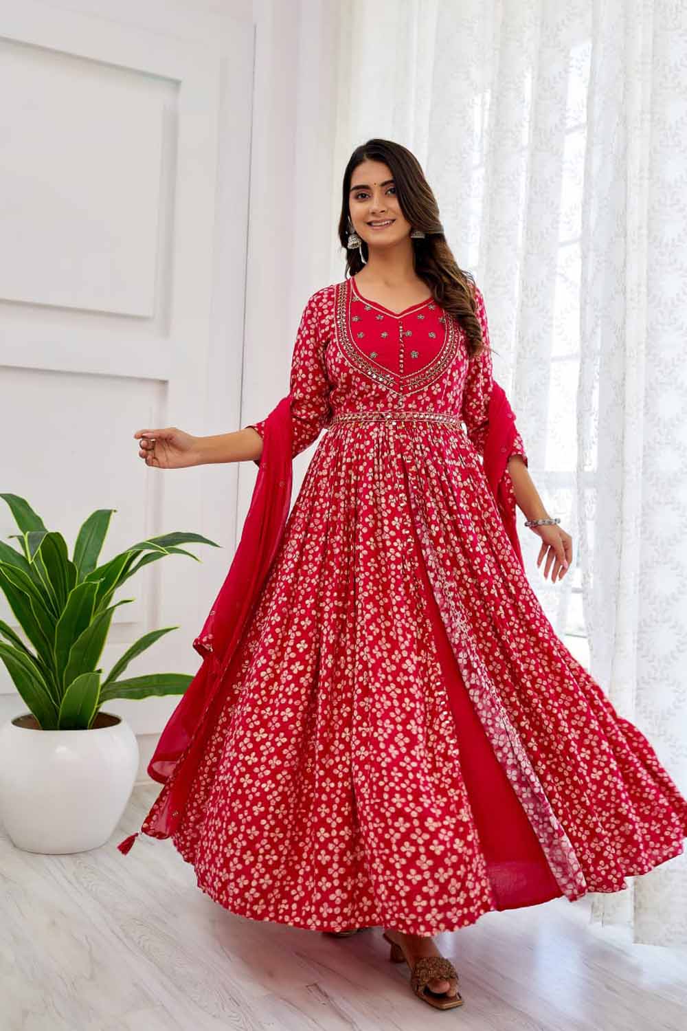 Pink PartyQueen Round Neck Front Cut Kurti Dupatta Set