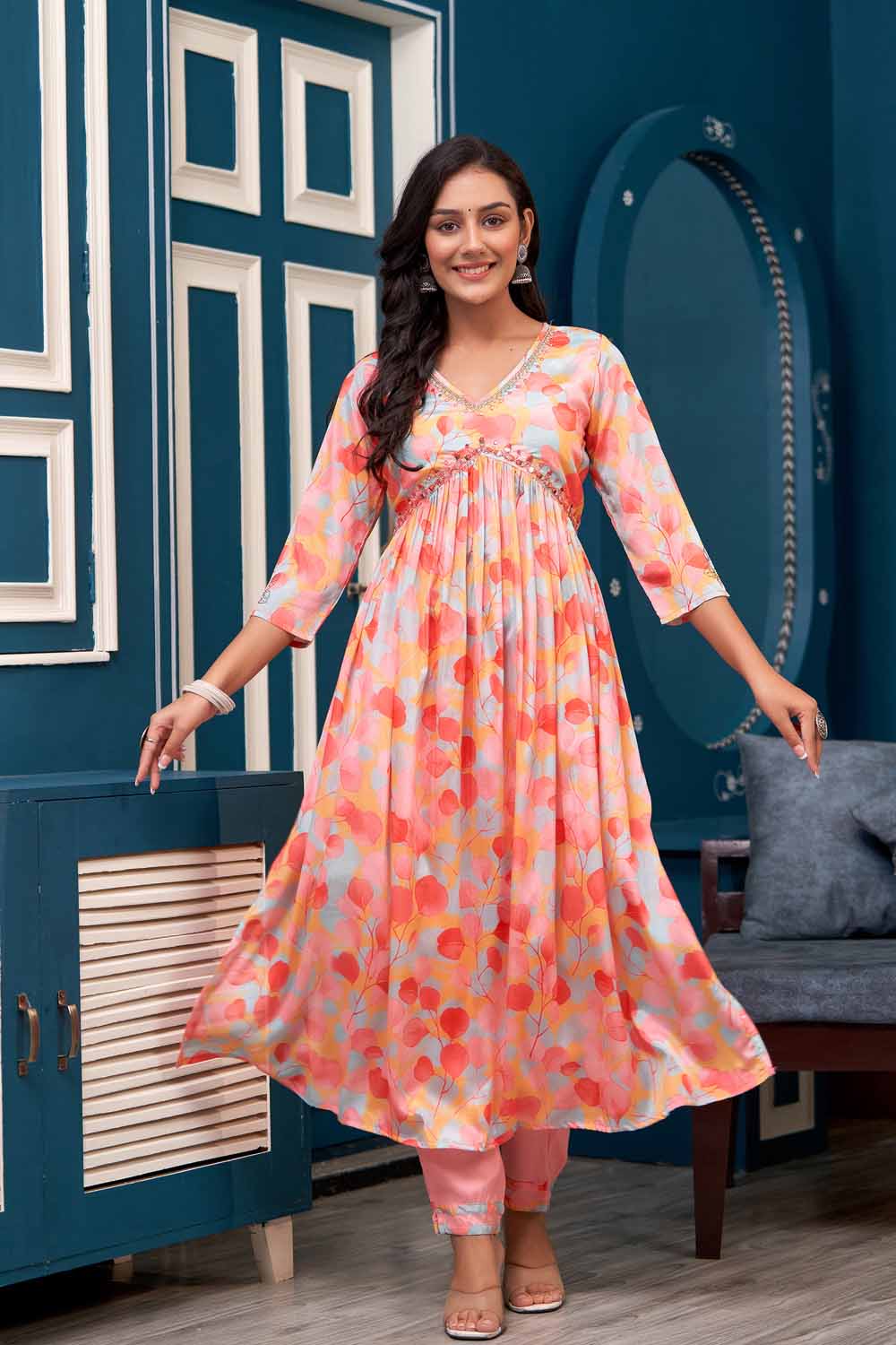 Peach PartyQueen v Neck Aliya Cut Kurti Pant Dupatta Set