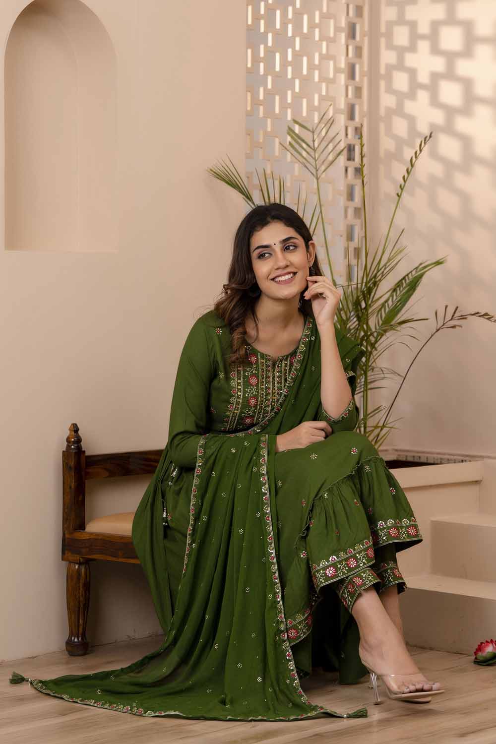 Mahendi Green PartyQueen Round Neck Naira Cut Kurti Pant Dupatta Set