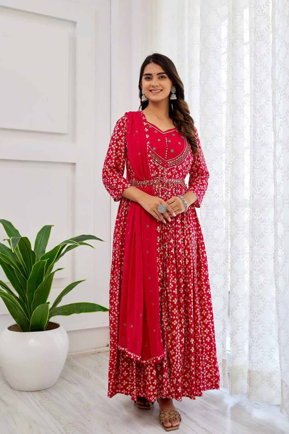 Pink PartyQueen Round Neck Front Cut Kurti Dupatta Set