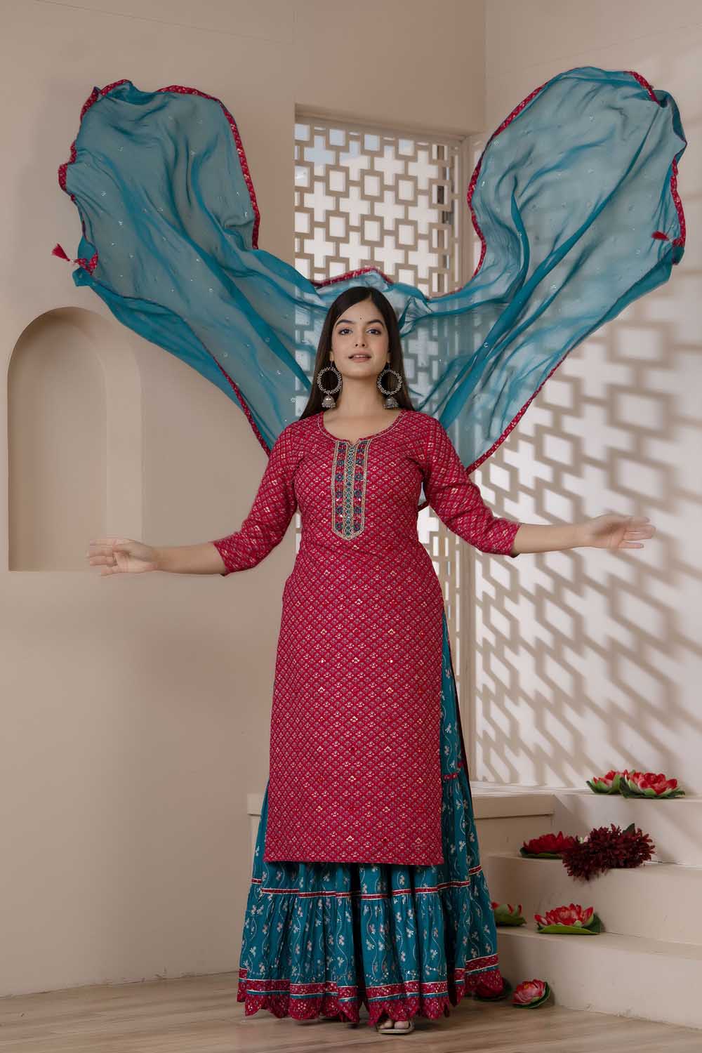 KAIRA REDDISH PINK RAYON PARTY QUEEN KURTI SKIRT DUPATTA SET