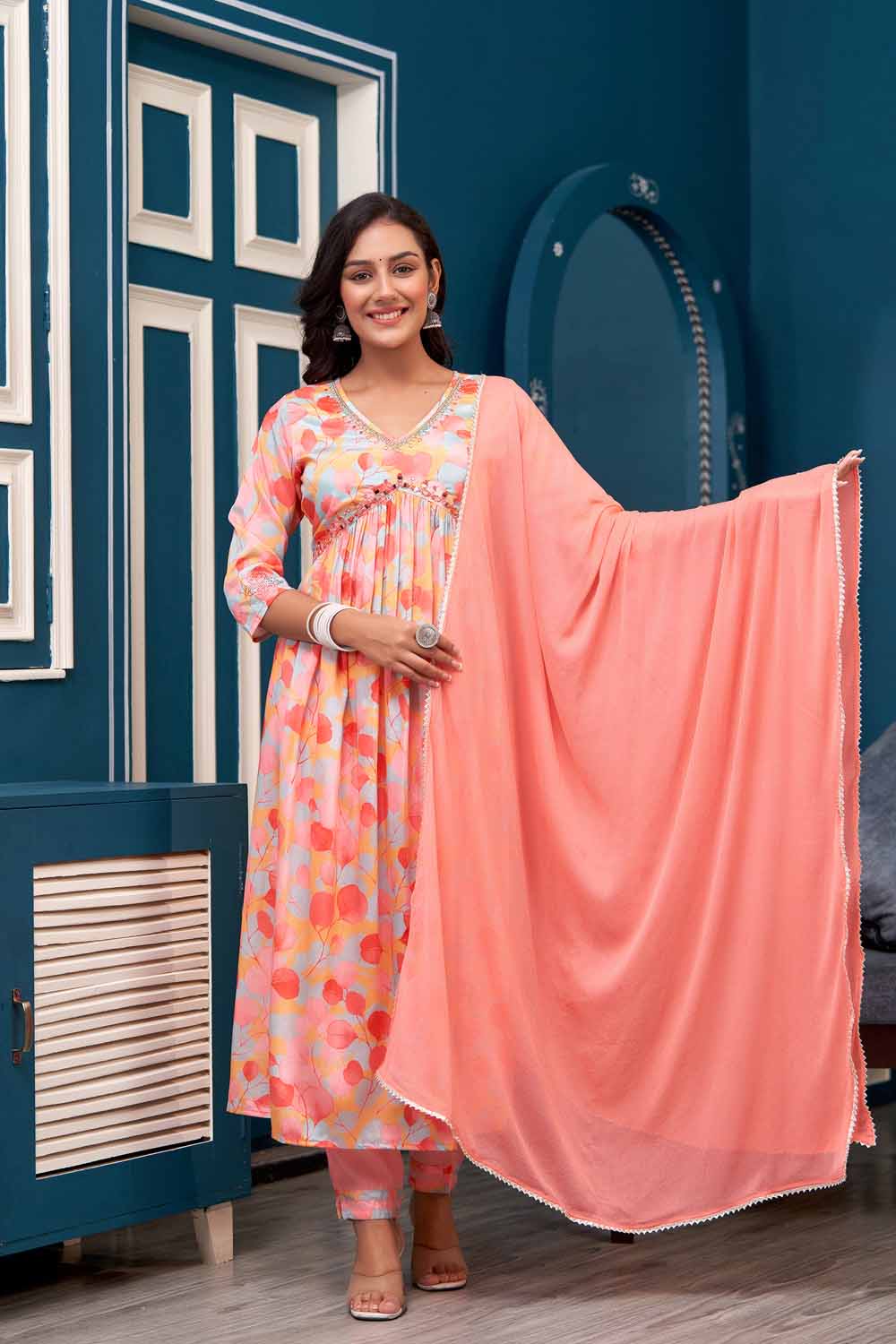 Peach PartyQueen v Neck Aliya Cut Kurti Pant Dupatta Set