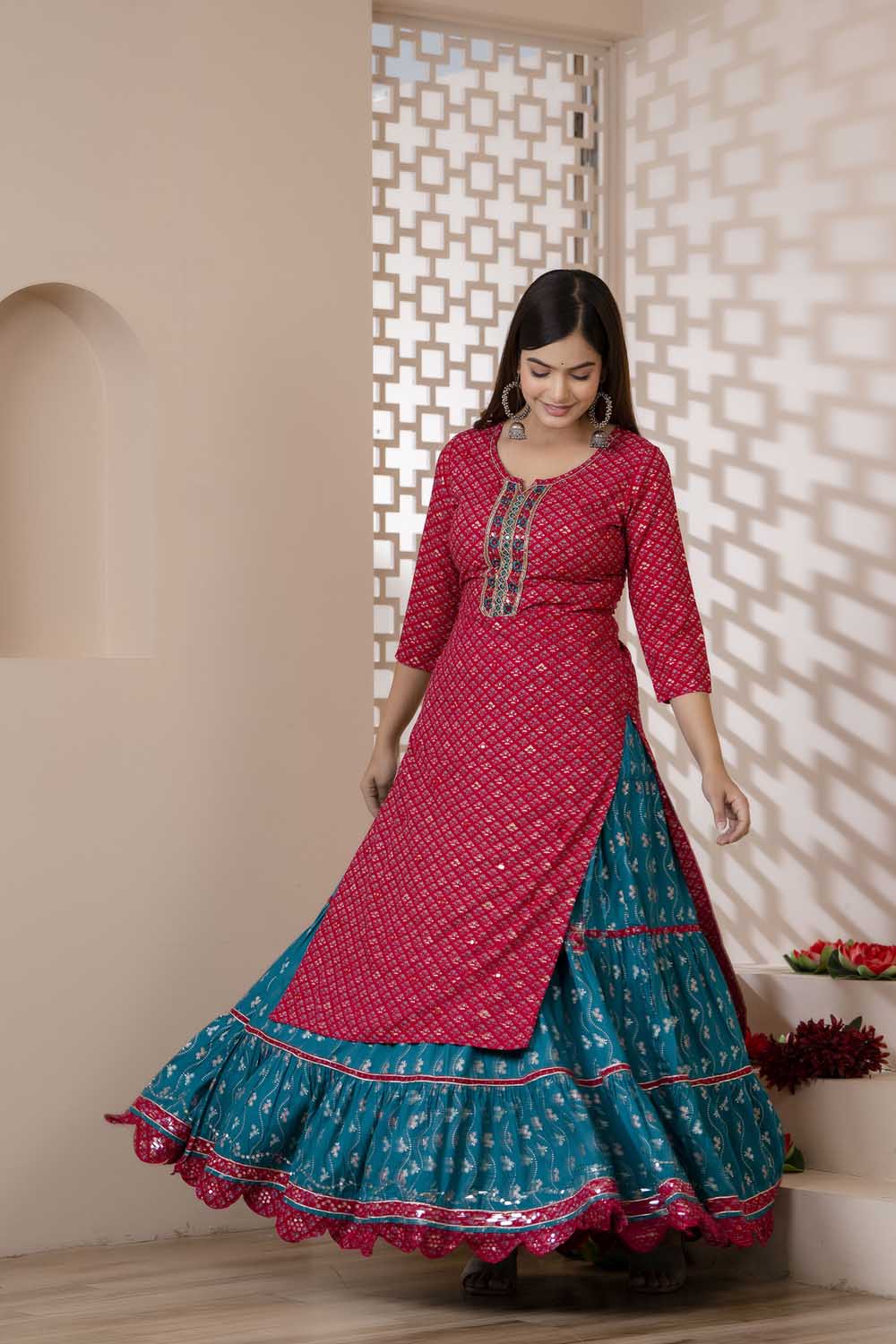 KAIRA REDDISH PINK RAYON PARTY QUEEN KURTI SKIRT DUPATTA SET