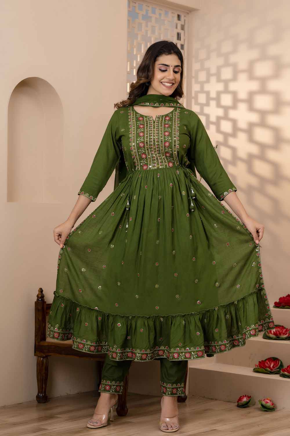 Mahendi Green PartyQueen Round Neck Naira Cut Kurti Pant Dupatta Set