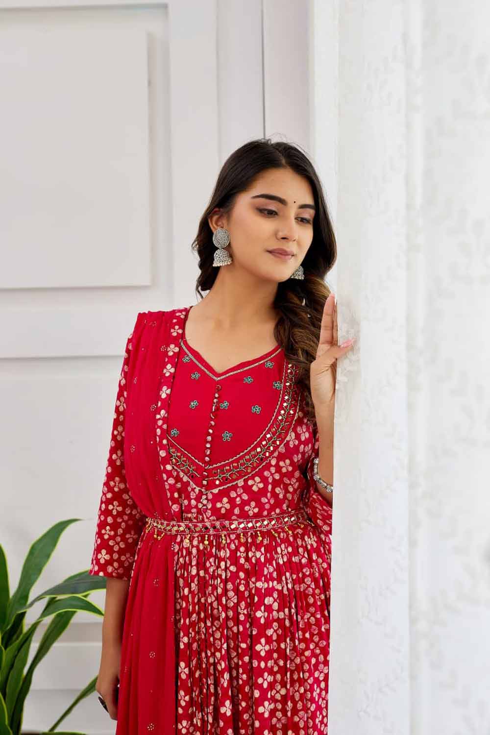 Pink PartyQueen Round Neck Front Cut Kurti Dupatta Set