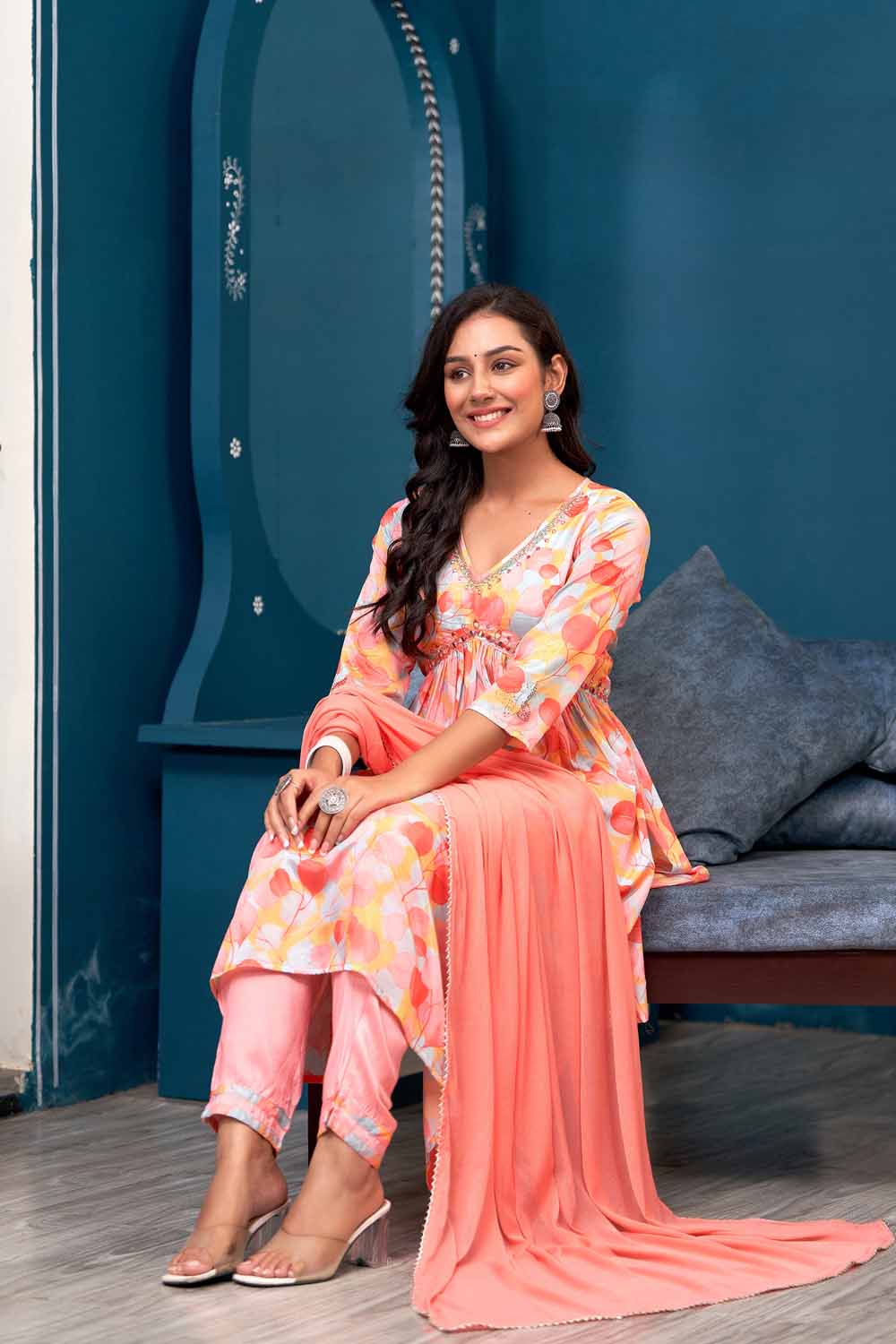 Peach PartyQueen v Neck Aliya Cut Kurti Pant Dupatta Set