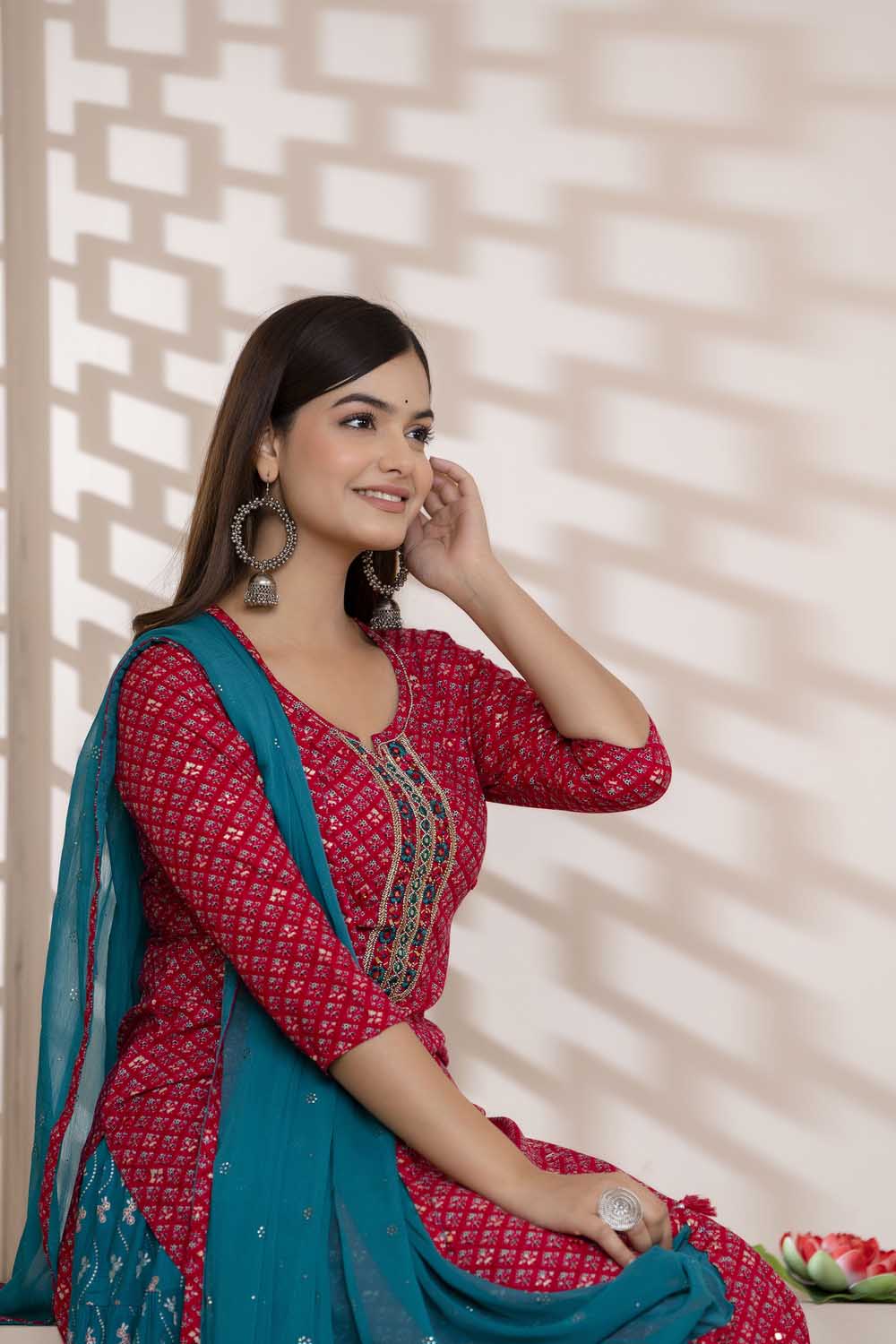 KAIRA REDDISH PINK RAYON PARTY QUEEN KURTI SKIRT DUPATTA SET