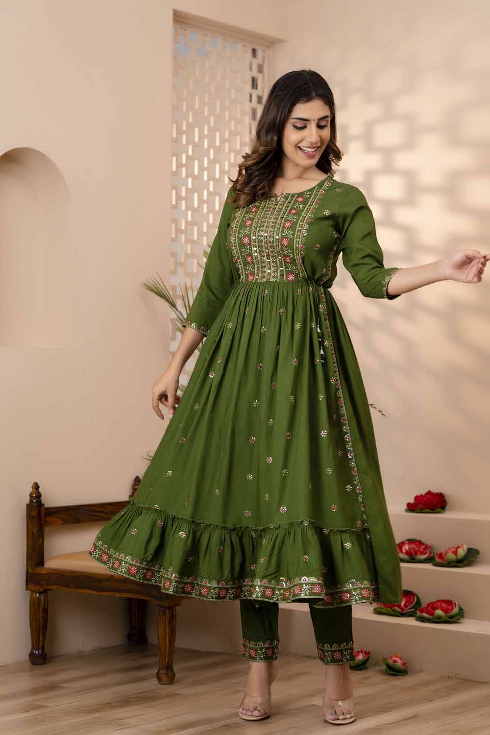Mahendi Green PartyQueen Round Neck Naira Cut Kurti Pant Dupatta Set