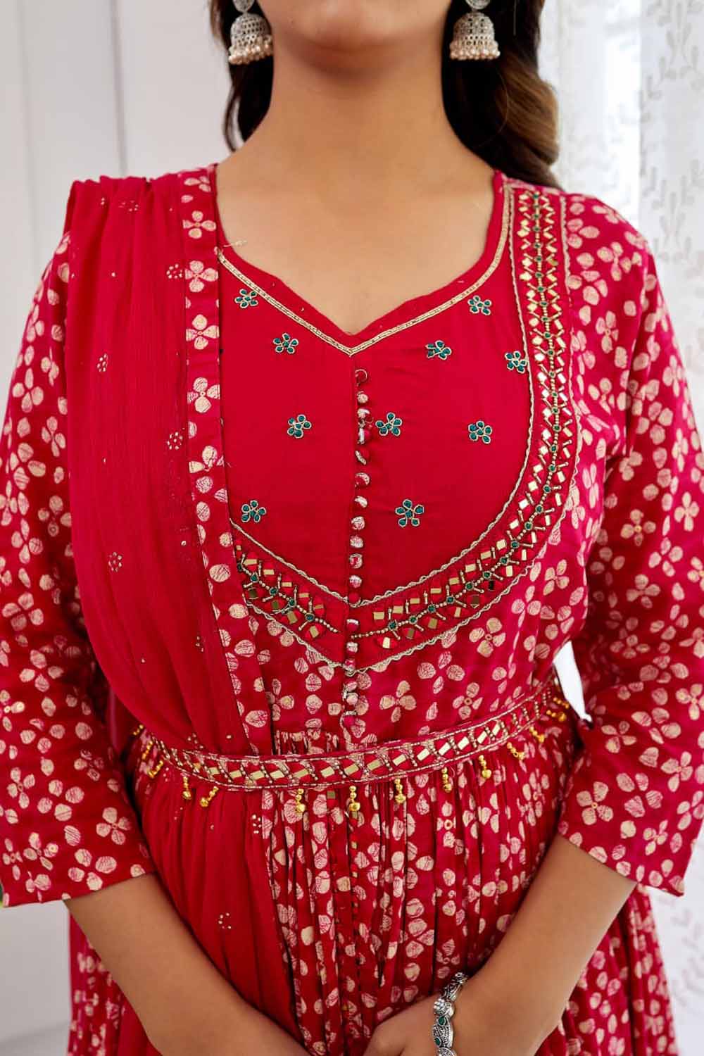 Pink PartyQueen Round Neck Front Cut Kurti Dupatta Set