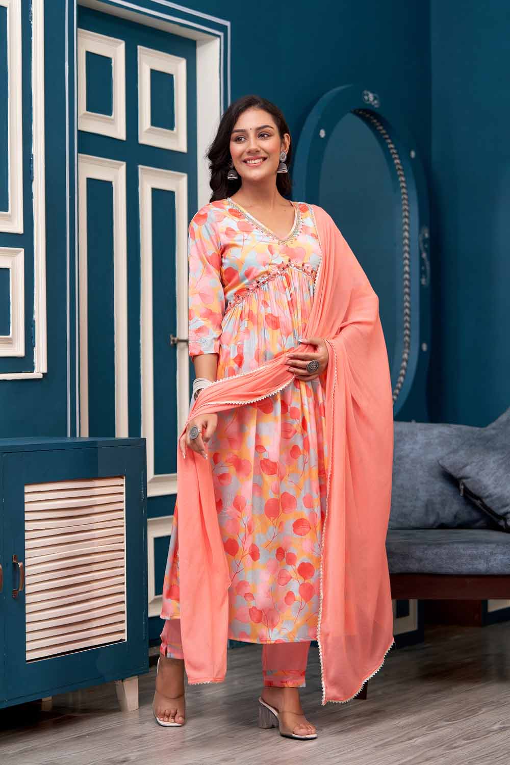 Peach PartyQueen v Neck Aliya Cut Kurti Pant Dupatta Set