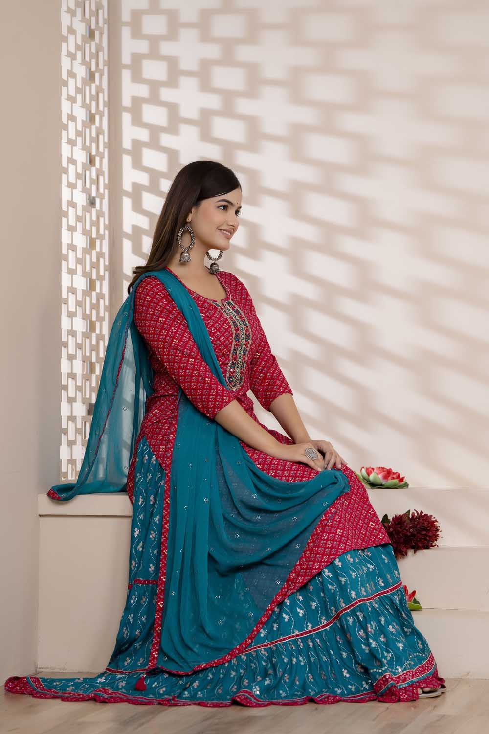 KAIRA REDDISH PINK RAYON PARTY QUEEN KURTI SKIRT DUPATTA SET