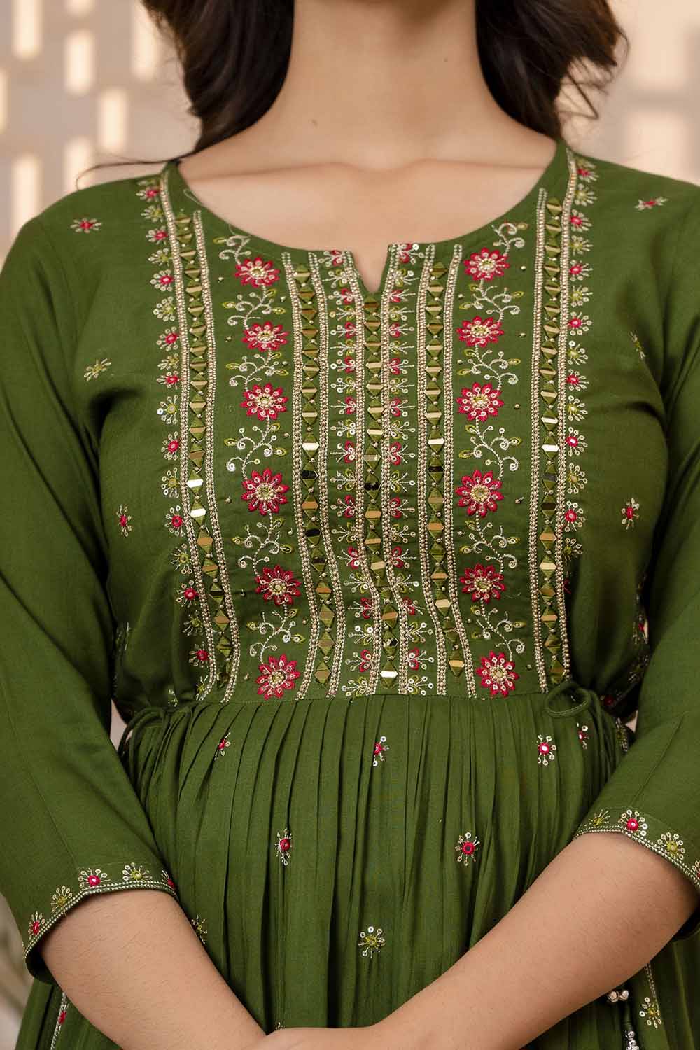 Mahendi Green PartyQueen Round Neck Naira Cut Kurti Pant Dupatta Set