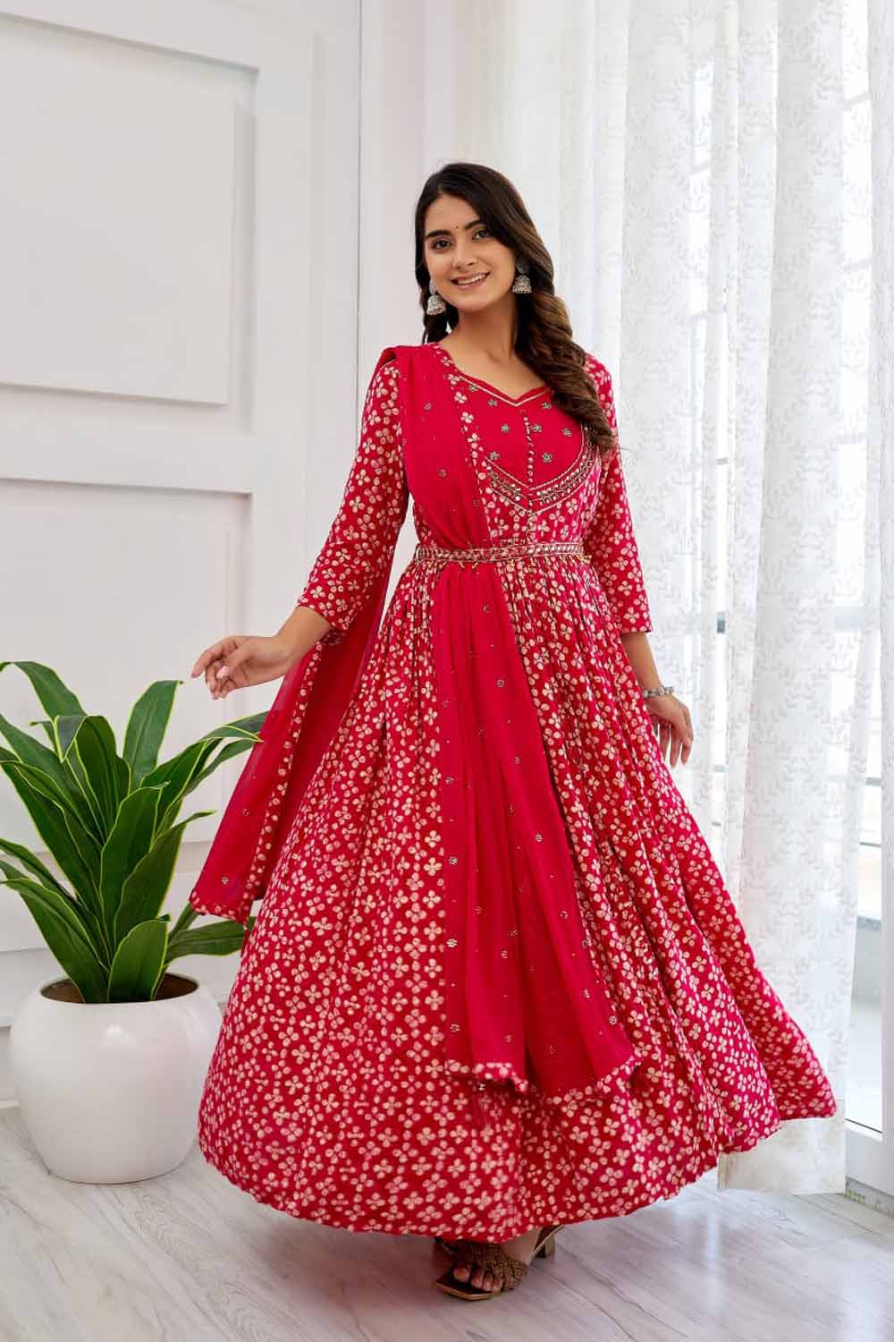 Pink PartyQueen Round Neck Front Cut Kurti Dupatta Set
