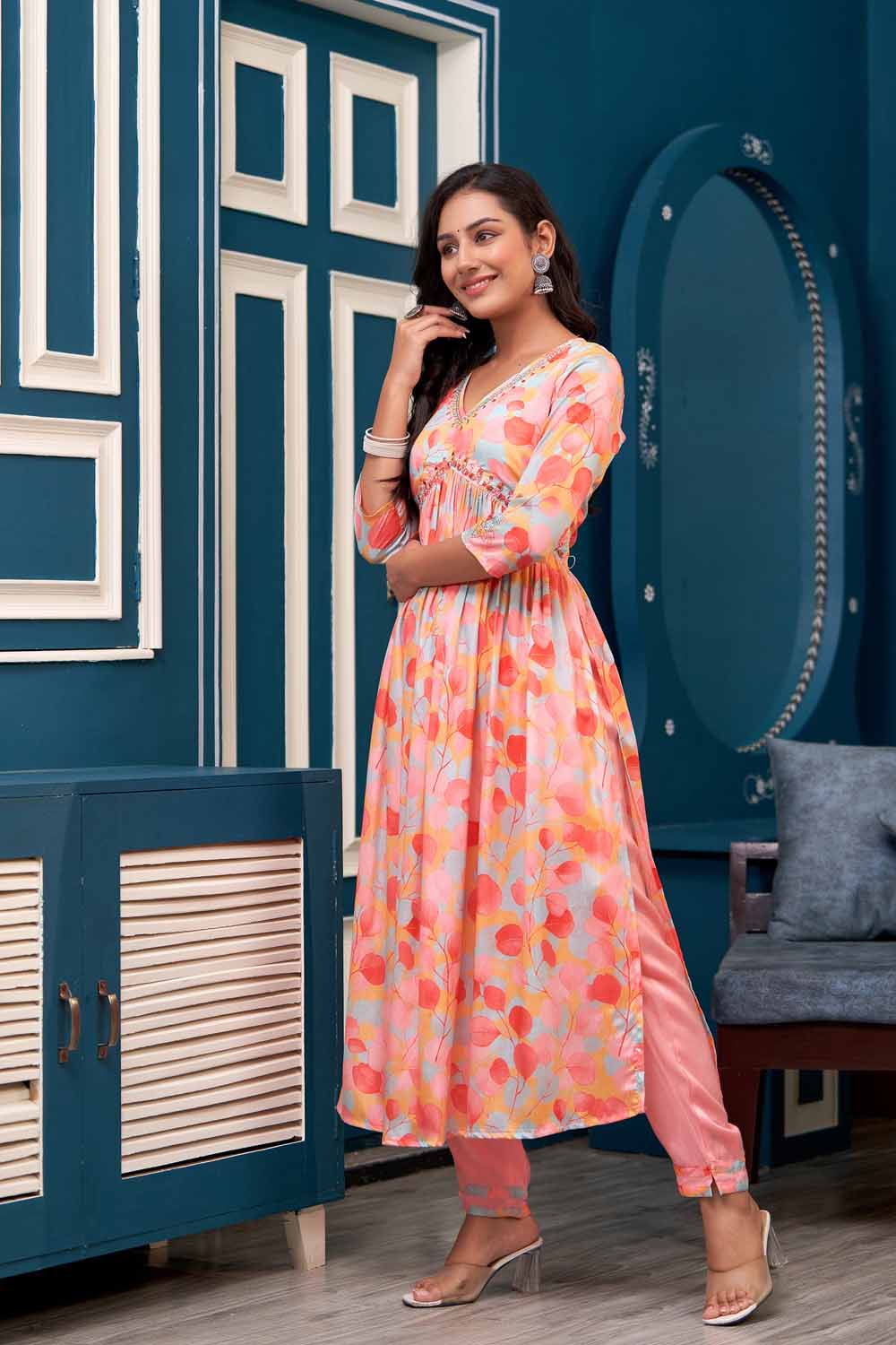 Peach PartyQueen v Neck Aliya Cut Kurti Pant Dupatta Set