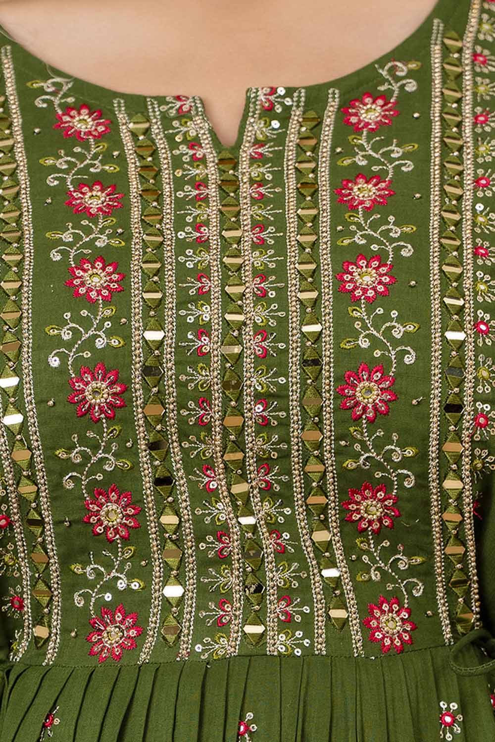 Mahendi Green PartyQueen Round Neck Naira Cut Kurti Pant Dupatta Set