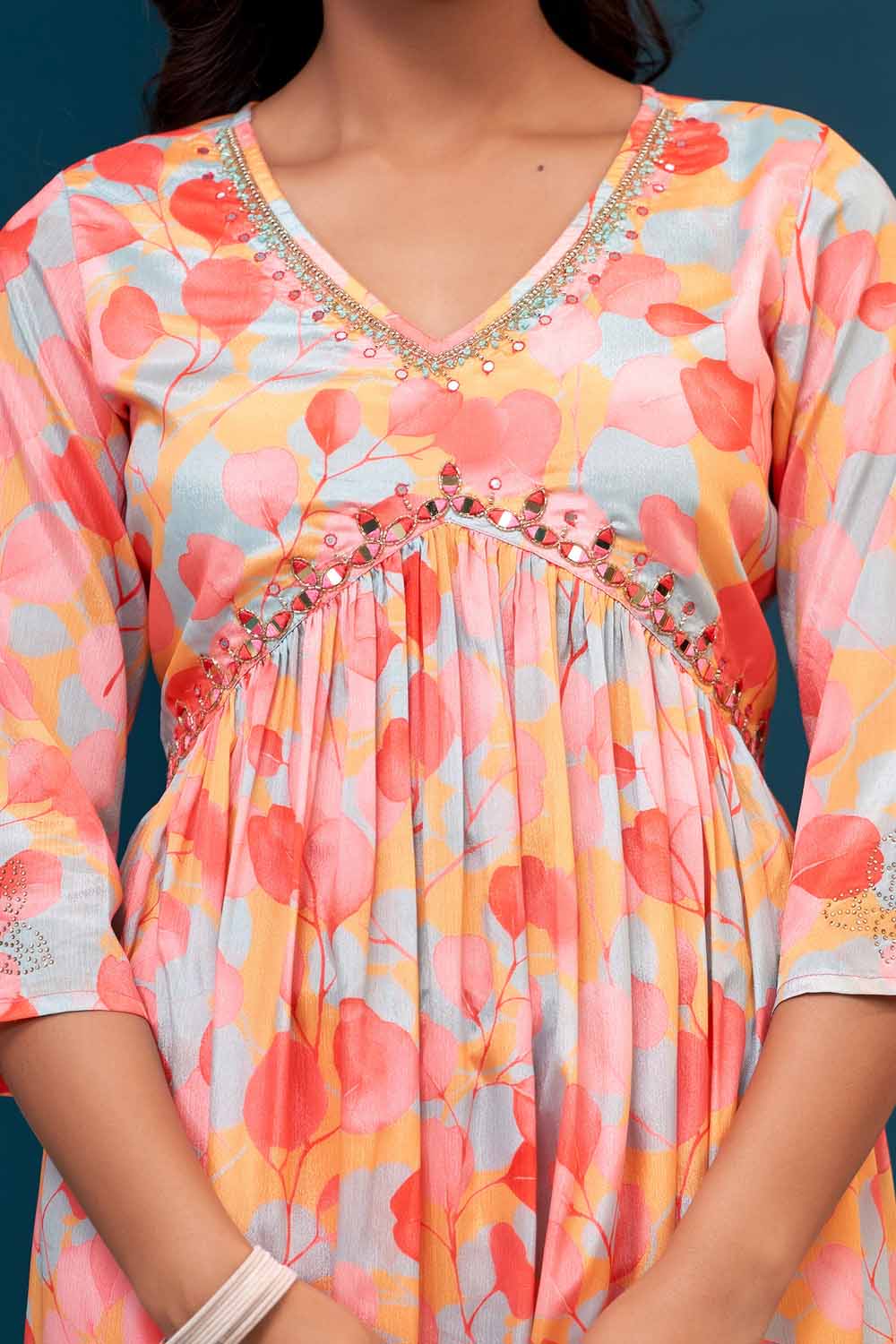 Peach PartyQueen v Neck Aliya Cut Kurti Pant Dupatta Set
